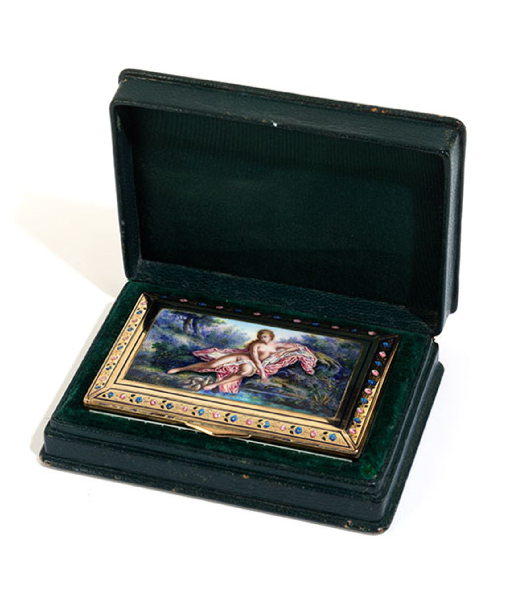 Golddose mit feiner Emailmalerei 1,4 x 9 x 5,8 cm. Gewicht: 102 g. Innen mit Feingehaltsstempel - Bild 2 aus 6