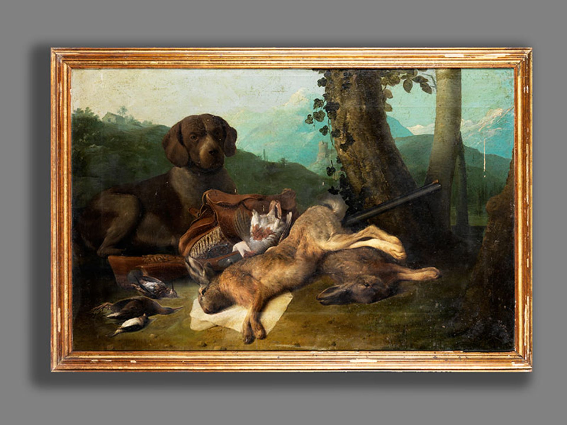 Italienischer Maler des 18./ 19. Jahrhunderts JAGDSTILLLEBEN IN LANDSCHAFT MIT EINEM JAGDHUND Öl auf - Bild 4 aus 5