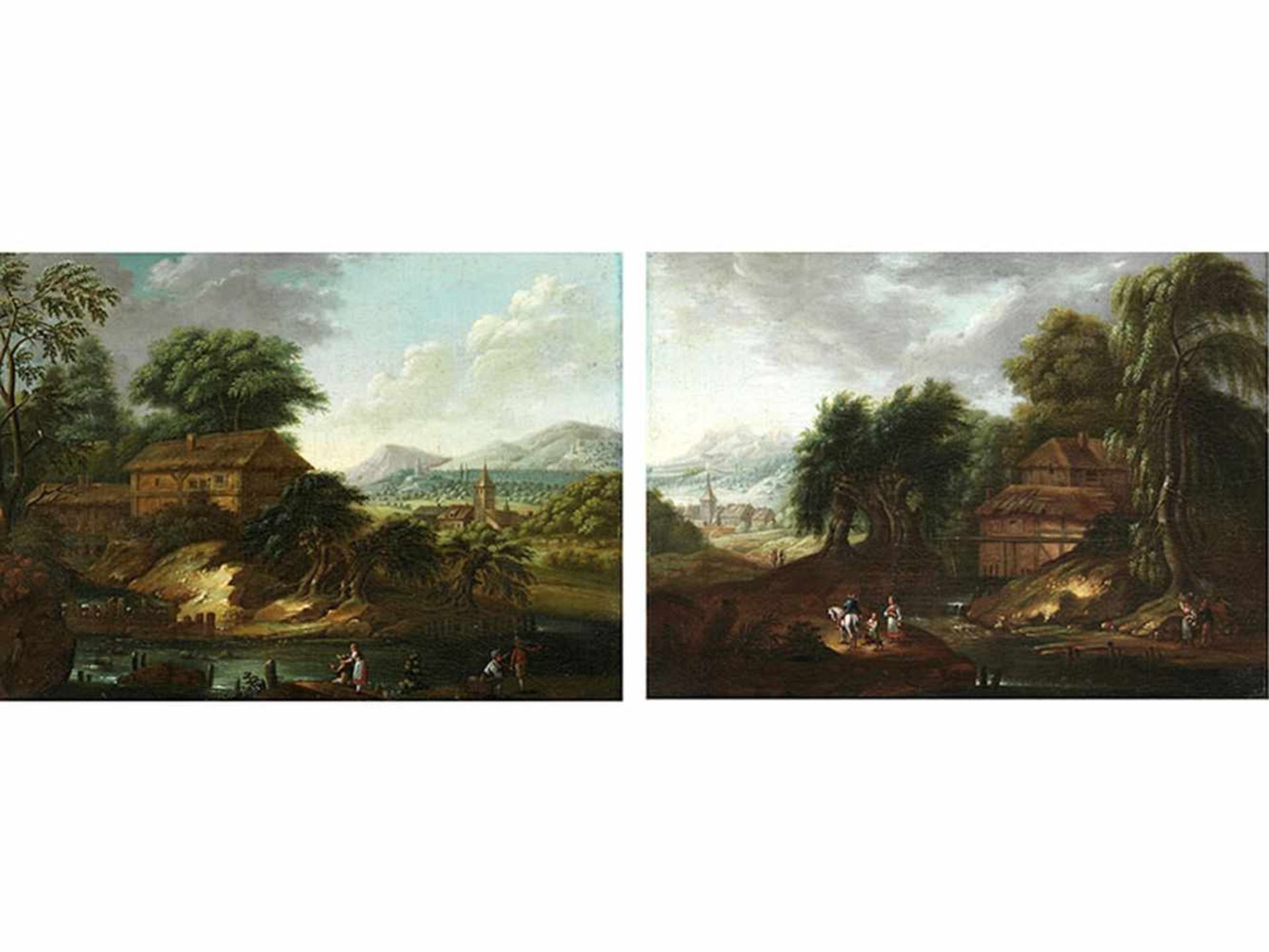 Maler der Frankfurter Schule des 18. Jahrhunderts Gemäldepaar LANDSCHAFTEN MIT STROHGEDECKTEN - Bild 6 aus 6