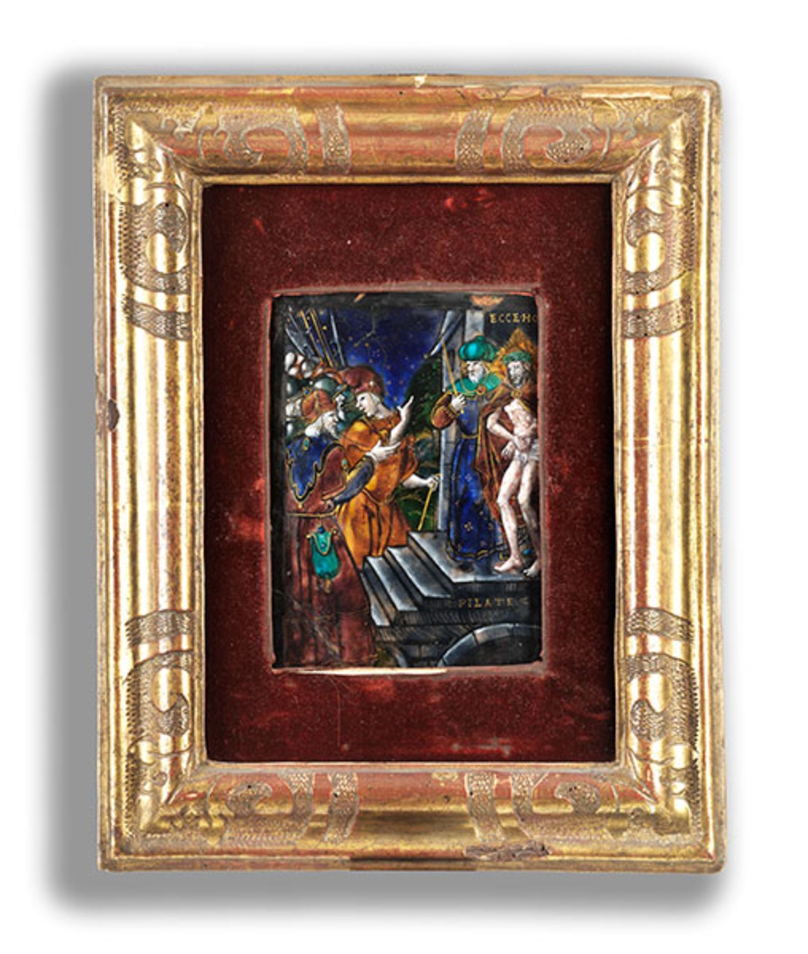 Emailplakette mit Christus bei Pilatus Sichtmaß: 16 x 11,5 cm. Rahmenmaß: 34 x 26,5 cm. Rückwärtig - Bild 3 aus 4