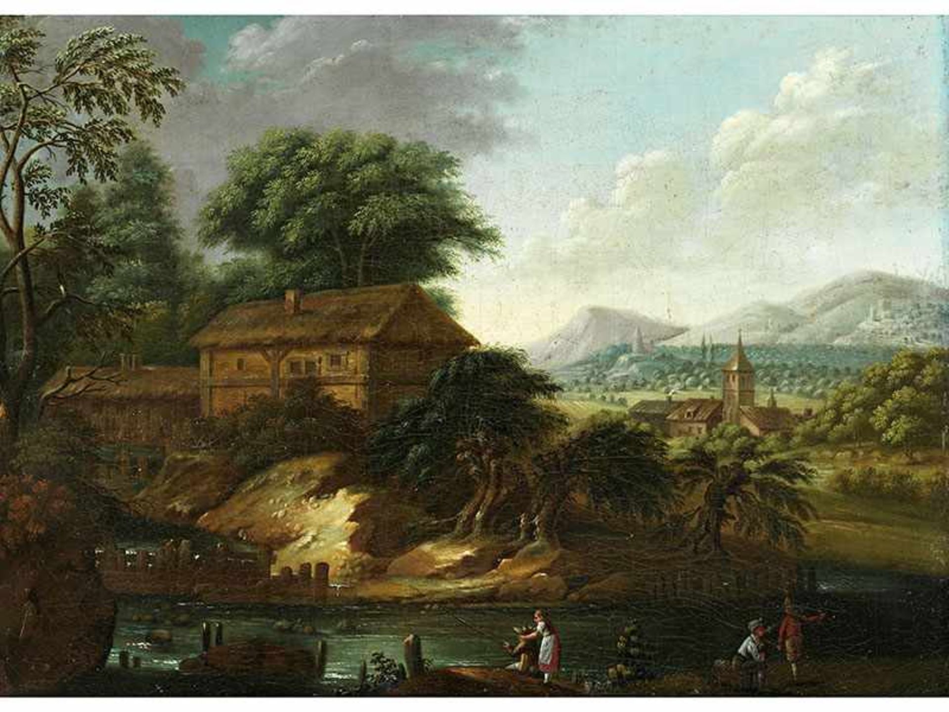 Maler der Frankfurter Schule des 18. Jahrhunderts Gemäldepaar LANDSCHAFTEN MIT STROHGEDECKTEN - Bild 3 aus 6
