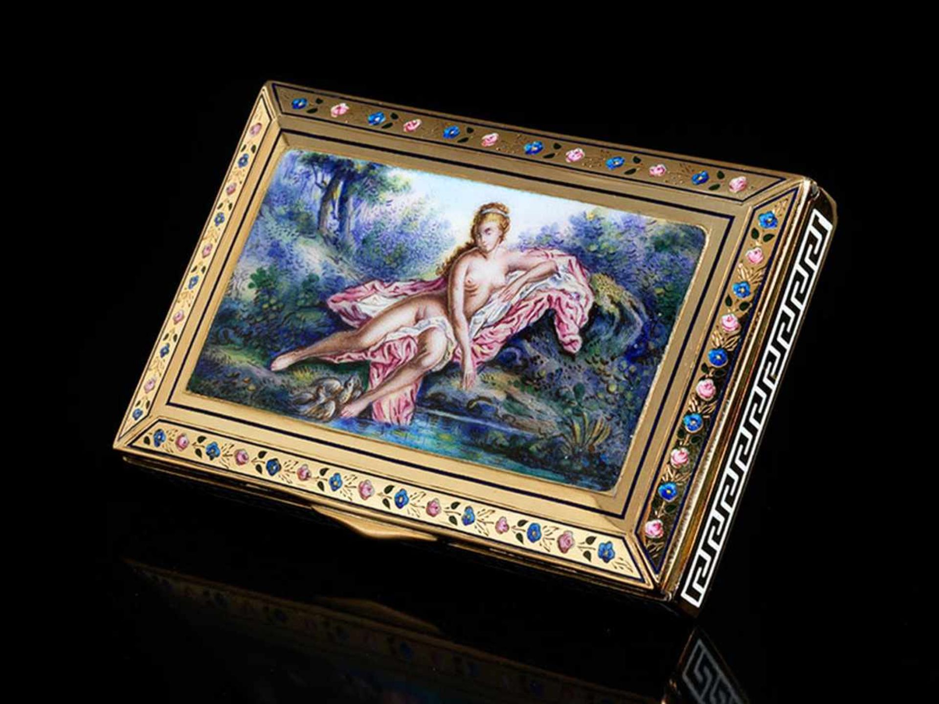 Golddose mit feiner Emailmalerei 1,4 x 9 x 5,8 cm. Gewicht: 102 g. Innen mit Feingehaltsstempel - Bild 6 aus 6
