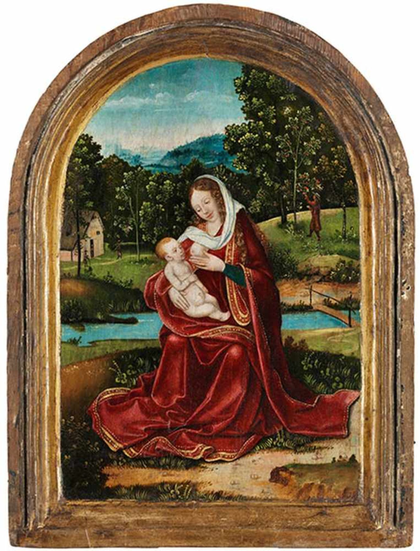 Hans Memling um 1433 "" 1494, zug. MARIA LACTANS Öl auf Eichenholz. Der obere Abschluss rund gebogt. - Bild 4 aus 4