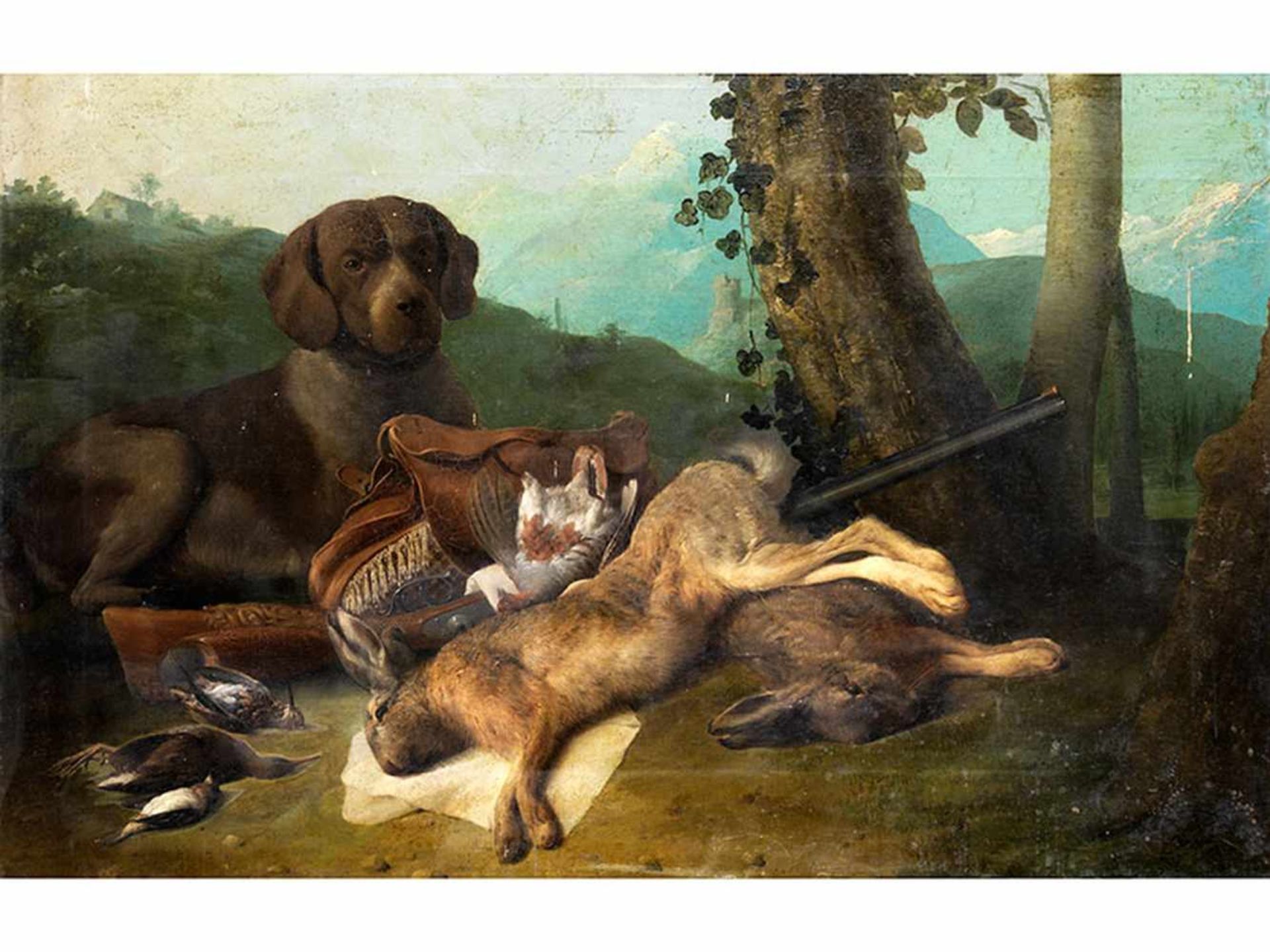 Italienischer Maler des 18./ 19. Jahrhunderts JAGDSTILLLEBEN IN LANDSCHAFT MIT EINEM JAGDHUND Öl auf - Bild 5 aus 5