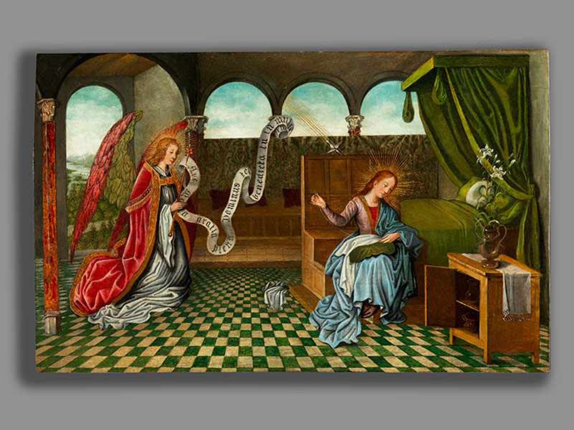 Flämische Schule des 16. Jahrhunderts DIE VERKÜNDIGUNG AN MARIA Öl auf Holz. 29 x 46,5 cm. - Bild 6 aus 7
