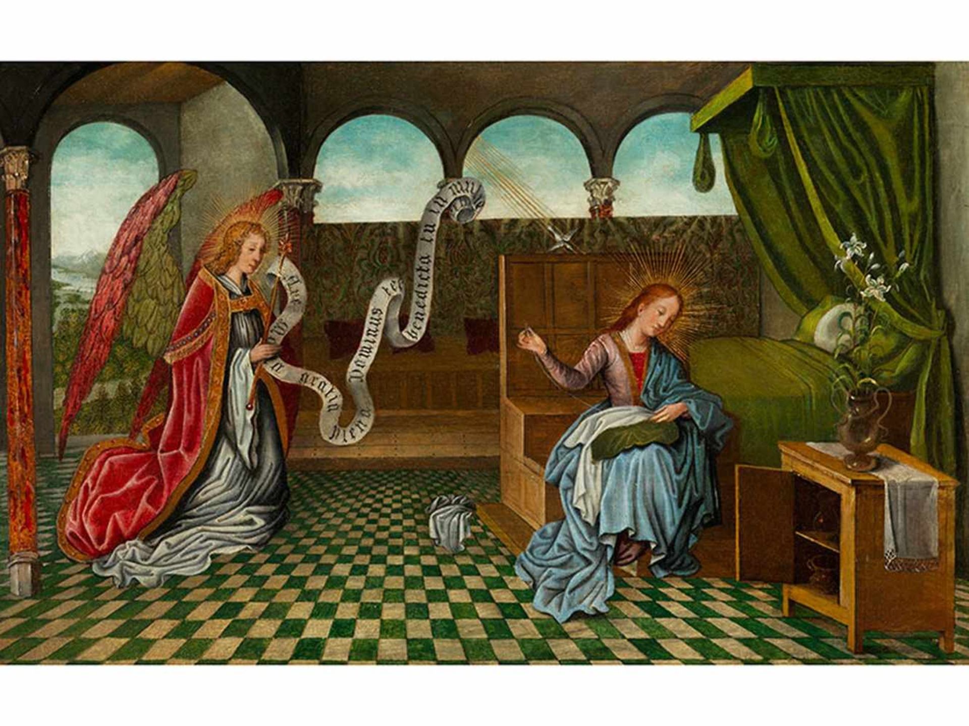 Flämische Schule des 16. Jahrhunderts DIE VERKÜNDIGUNG AN MARIA Öl auf Holz. 29 x 46,5 cm. - Bild 7 aus 7