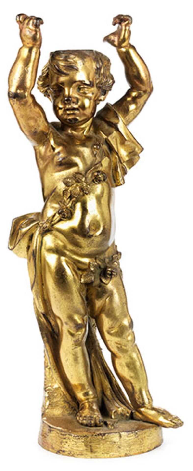 Vergoldete Bronzefigur eines Putto Höhe: 47 cm. Frankreich, 18. Jahrhundert. Im Kontrapost auf