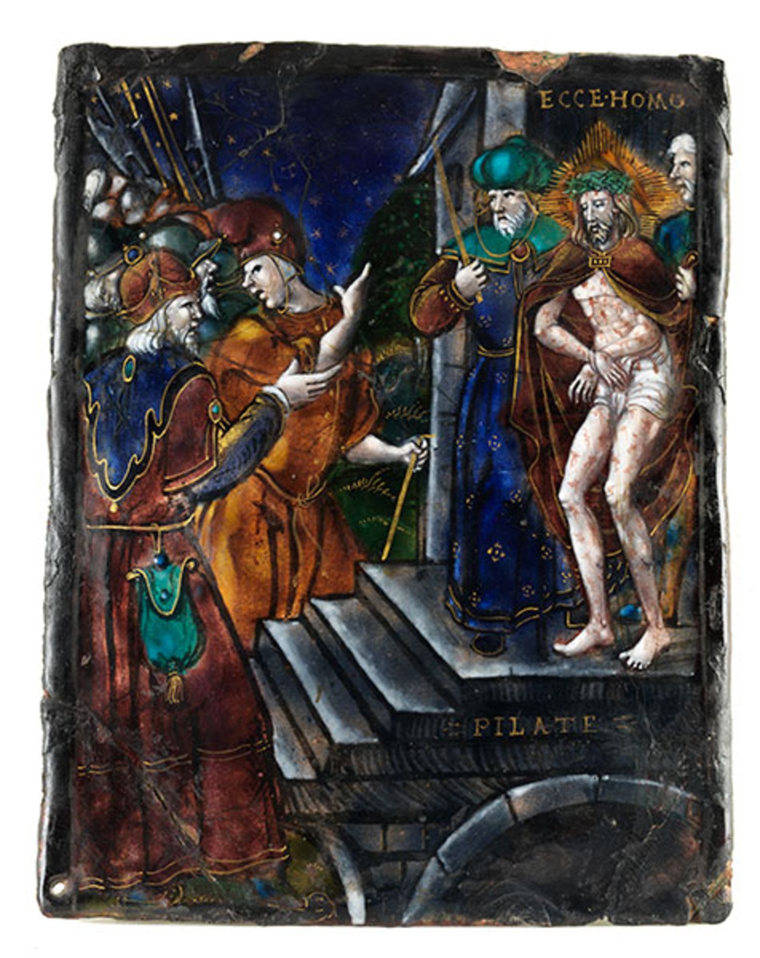 Emailplakette mit Christus bei Pilatus Sichtmaß: 16 x 11,5 cm. Rahmenmaß: 34 x 26,5 cm. Rückwärtig