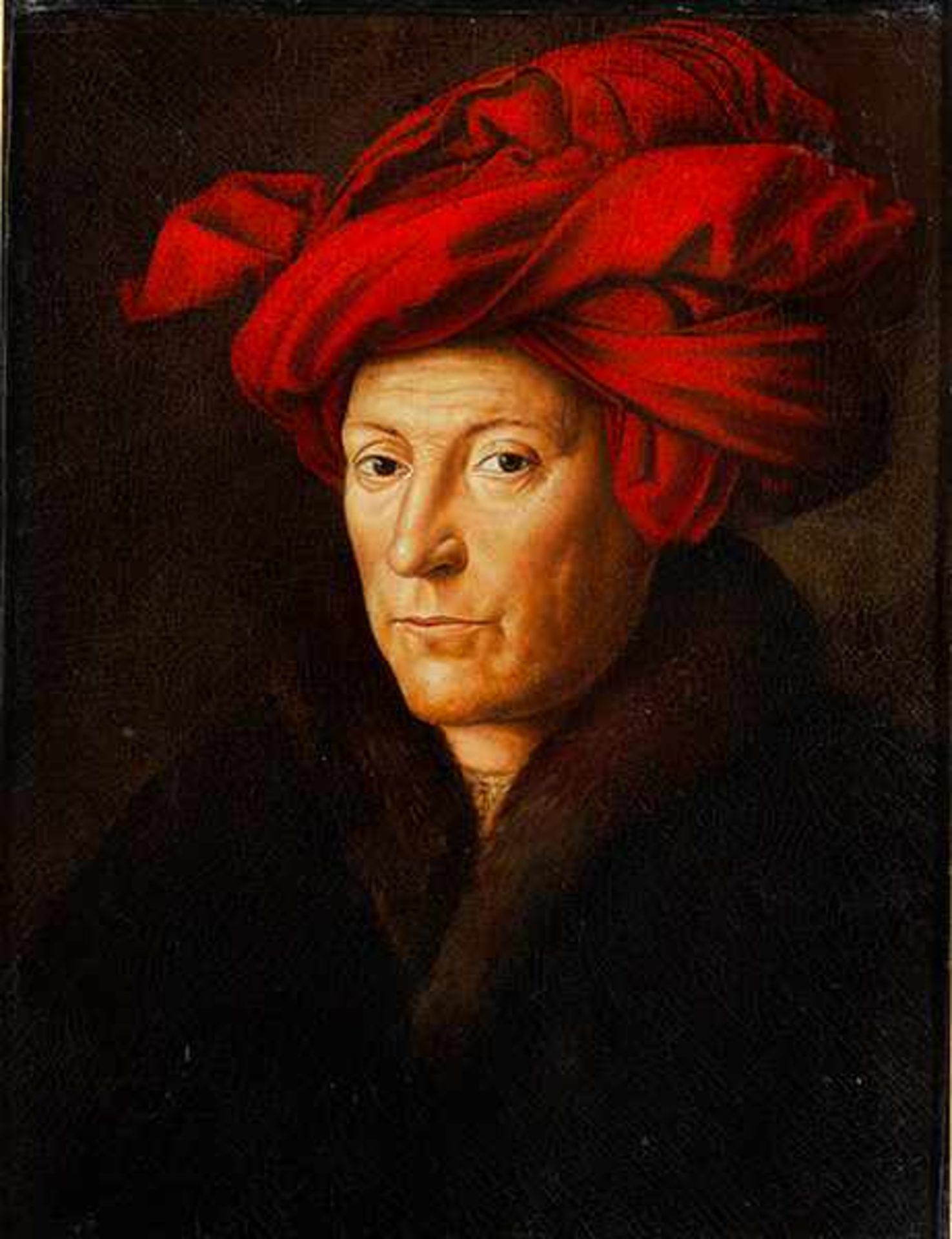 Jan van Eyck, um 1390 "" 1441, Kopie nach MANN MIT ROTEM TURBAN Öl auf Leinwand auf Hartfaser. 30