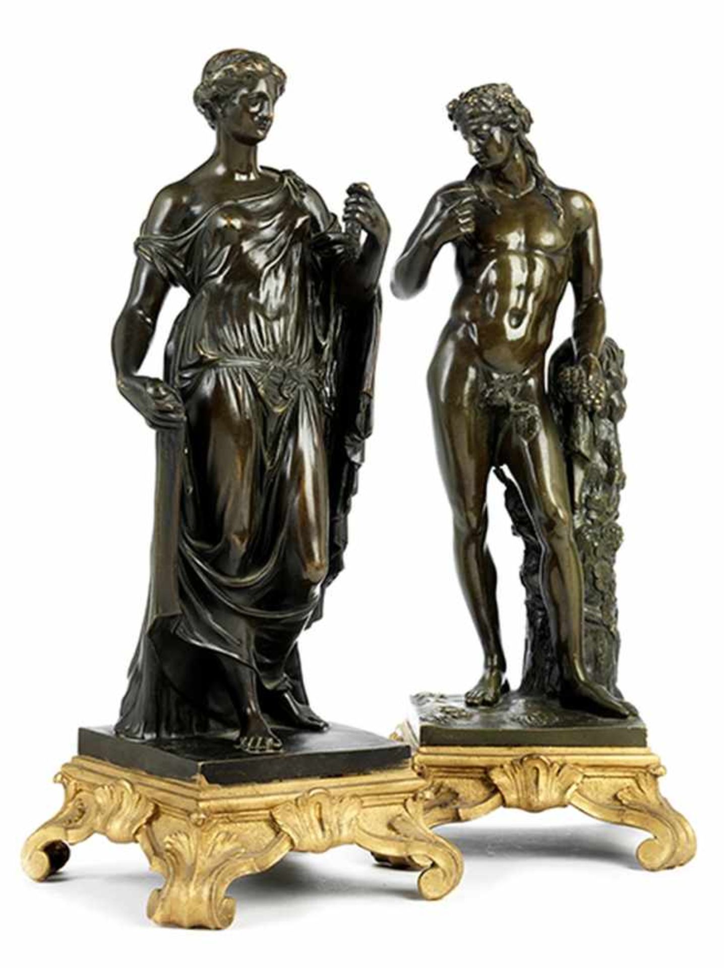 Paar Bronzefiguren der antiken Göttergestalten Dionysos und Nike Gesamthöhe: je 41 cm. Frankreich, - Bild 6 aus 7