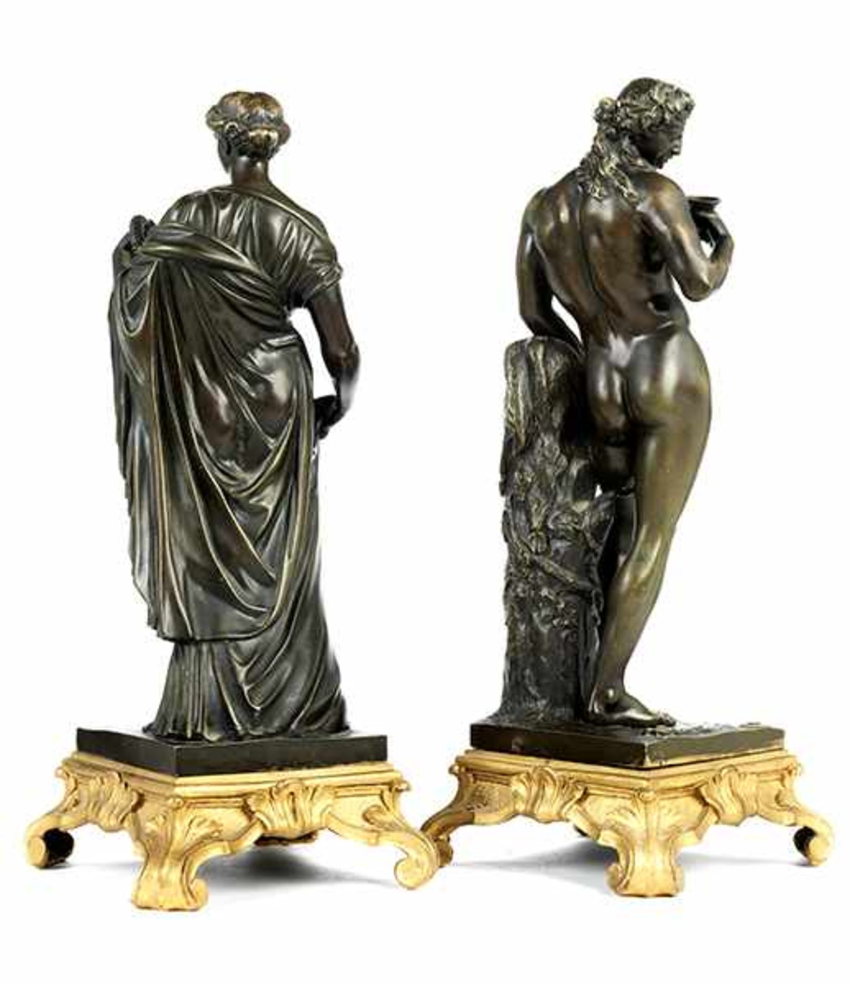 Paar Bronzefiguren der antiken Göttergestalten Dionysos und Nike Gesamthöhe: je 41 cm. Frankreich, - Bild 5 aus 7