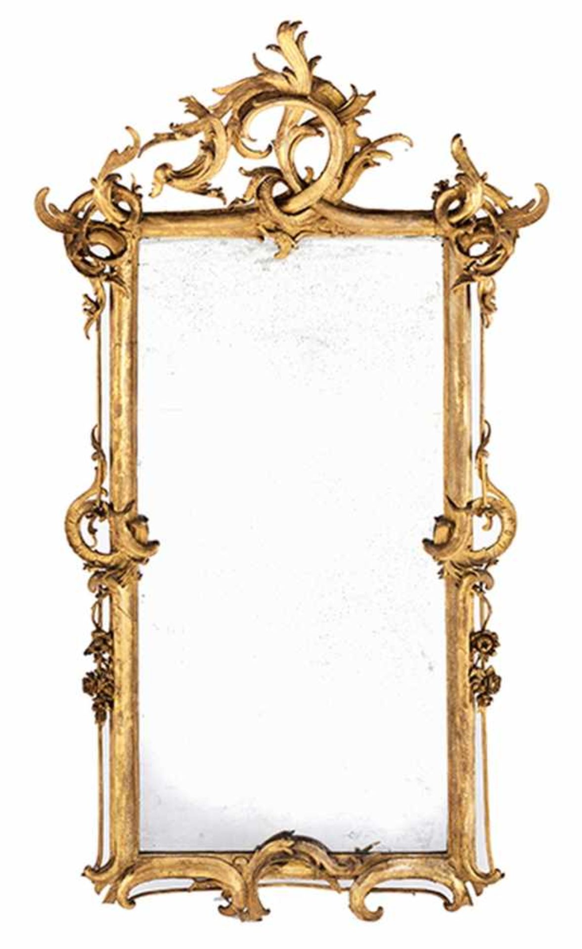 Großer Barock-Spiegel Höhe: 214 cm. Breite: 112,5 cm. Weichholz, geschnitzt, vergoldet. - Bild 3 aus 3