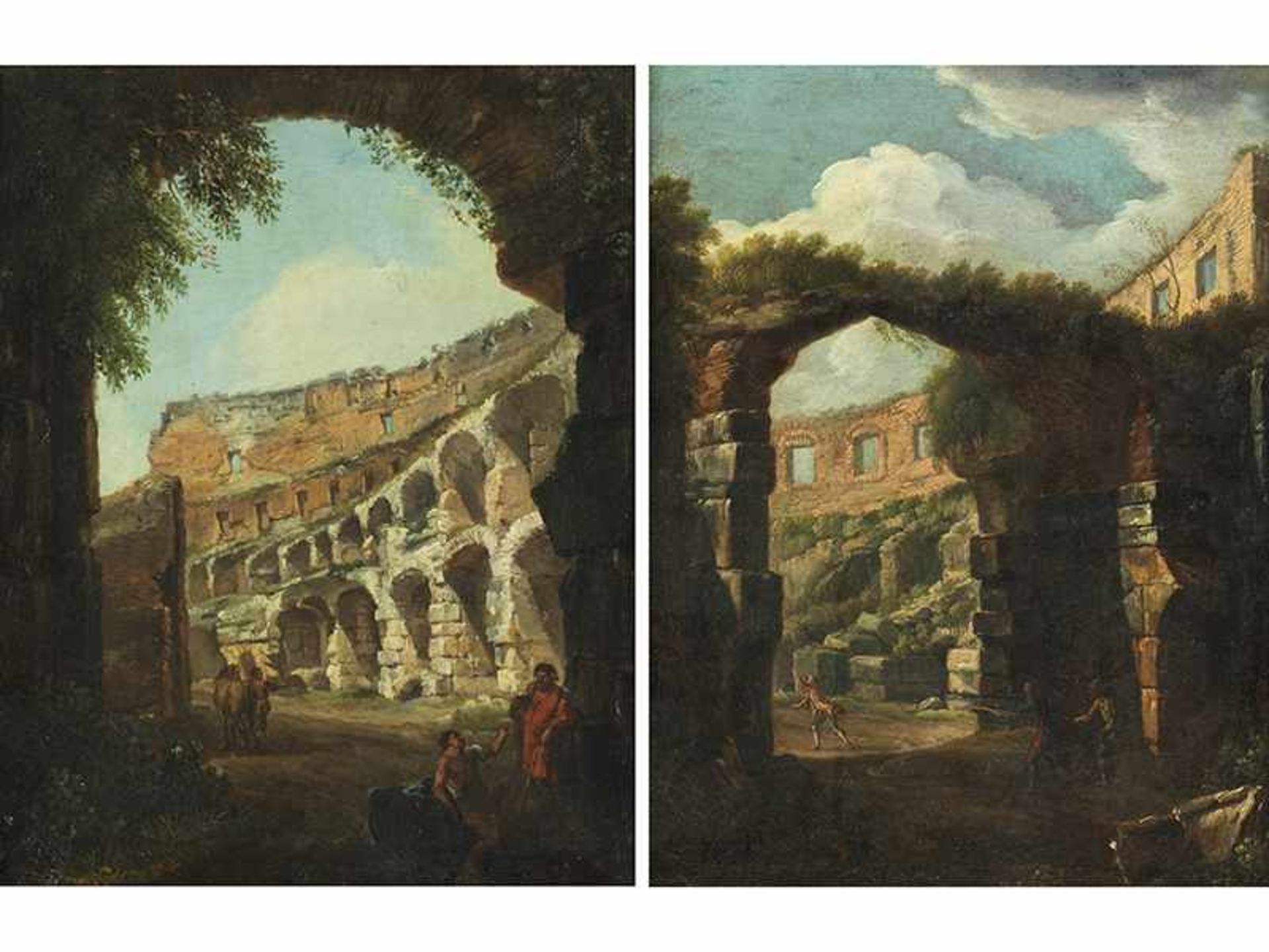 Hubert Robert, 1733 Paris "" 1808 ebenda, zug. Gemäldepaar BLICK AUF DAS INNERE DES COLOSSEUMS Öl