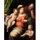 Francesco Morandini il Poppi, 1544 "" 1597, zug. DIE HEILIGE FAMILIE MIT JOHANNES DEM TÄUFER Öl
