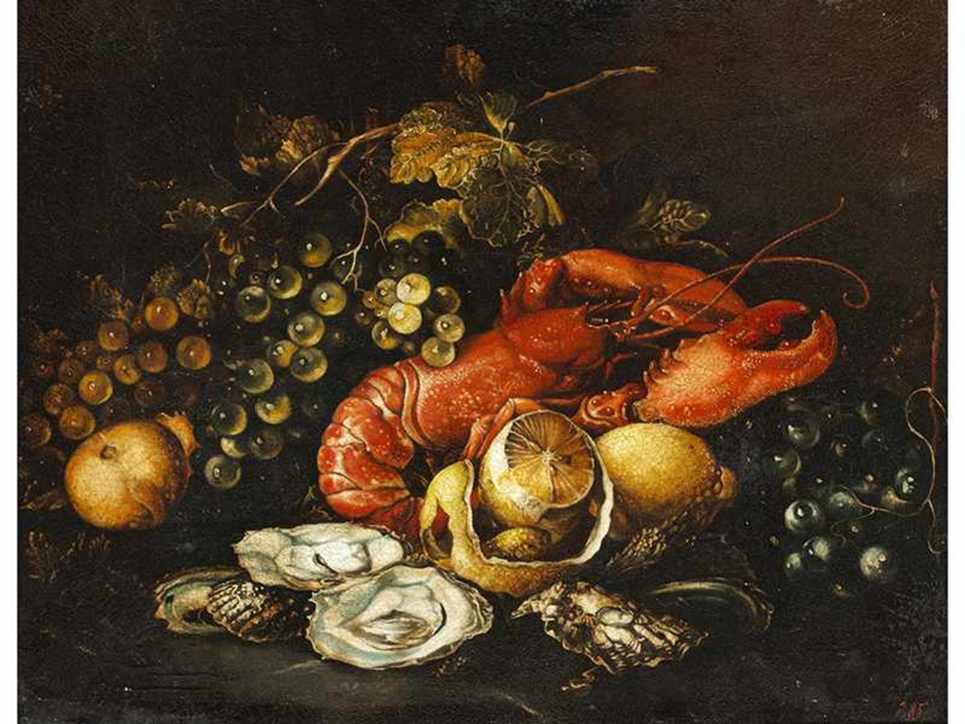 Maler des 18./ 19. Jahrhunderts STILLLEBEN MIT HUMMER UND ZITRONE Öl auf Leinwand. Doubliert. 40 x