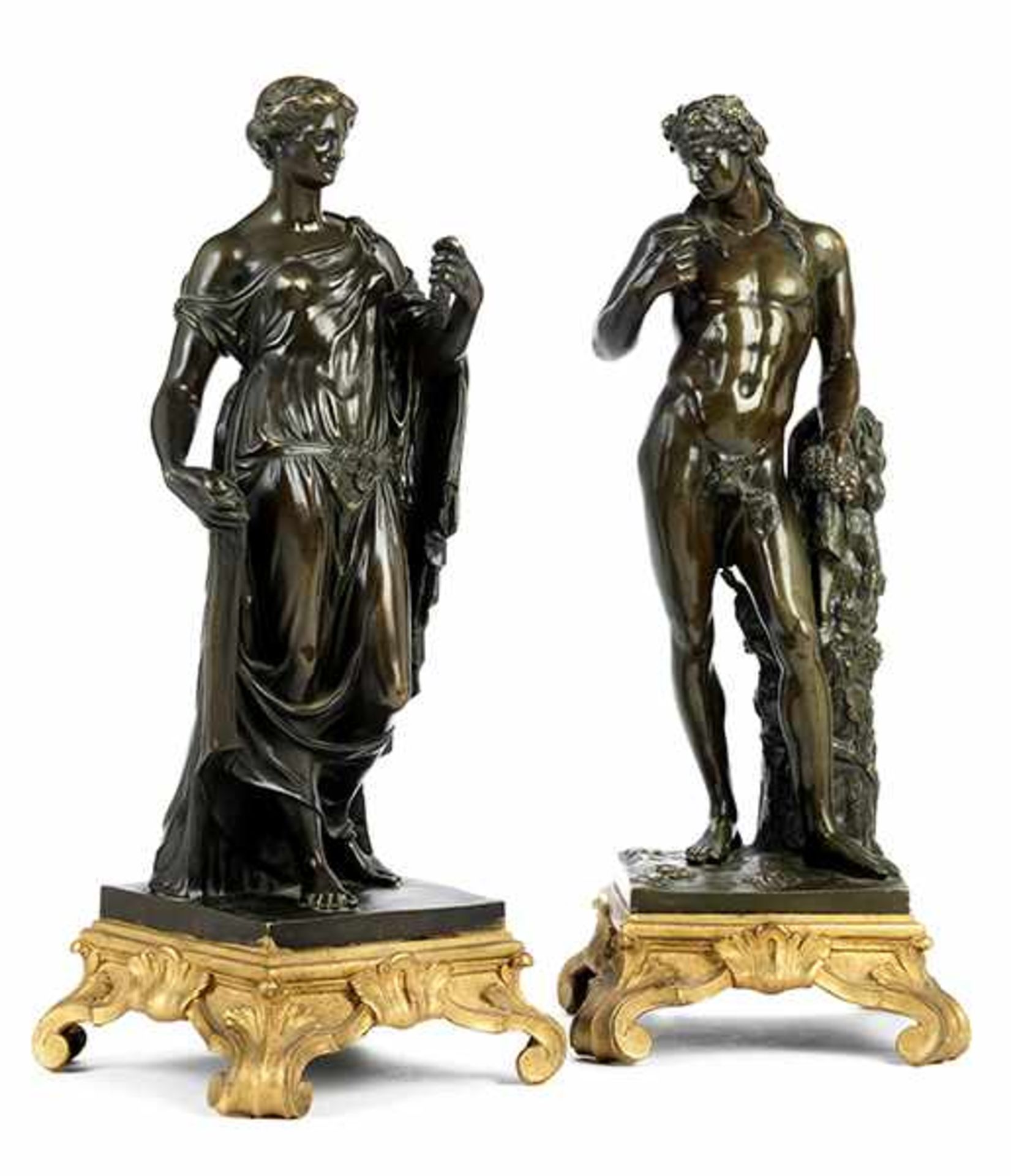 Paar Bronzefiguren der antiken Göttergestalten Dionysos und Nike Gesamthöhe: je 41 cm. Frankreich, - Bild 2 aus 7