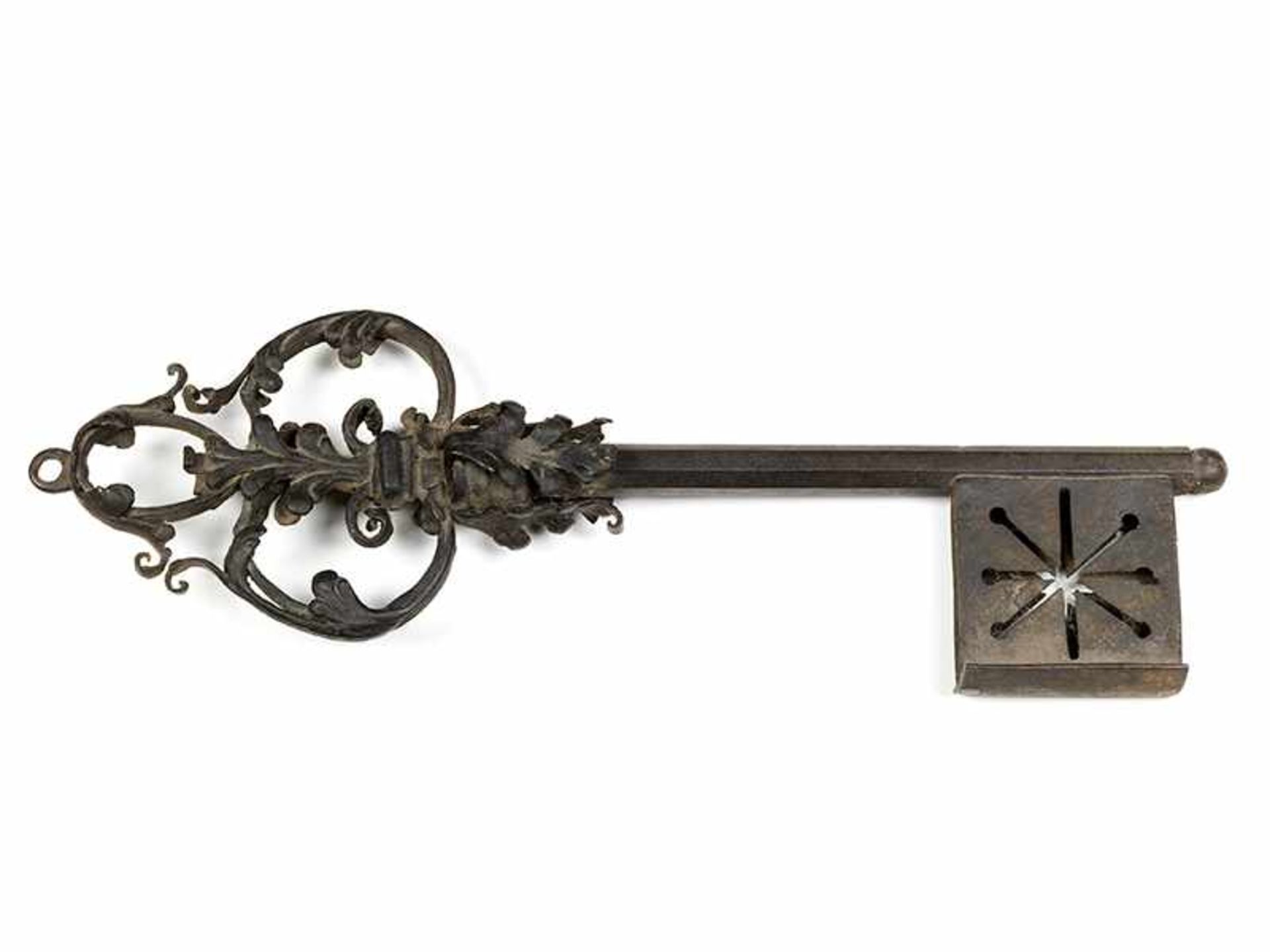 Großer in Eisen geschmiedeter Schlüssel Länge: 55 cm. Anfang, 18. Jahrhundert. Wohl Anhänger eines