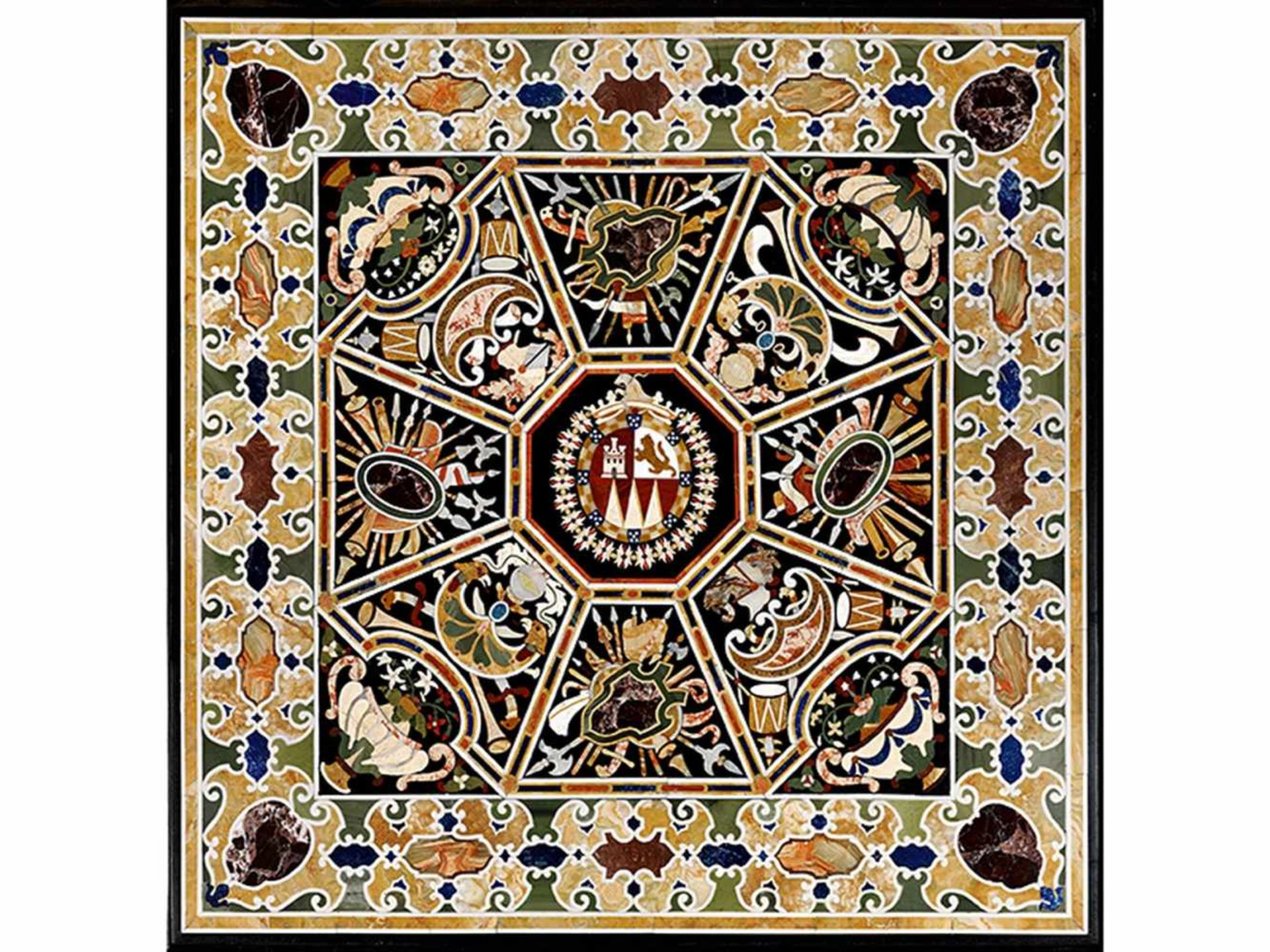 Pietra dura-Platte 90 x 90 cm. Schwarzgrundige quadratische Platte mit Profilrand, breite - Bild 2 aus 3