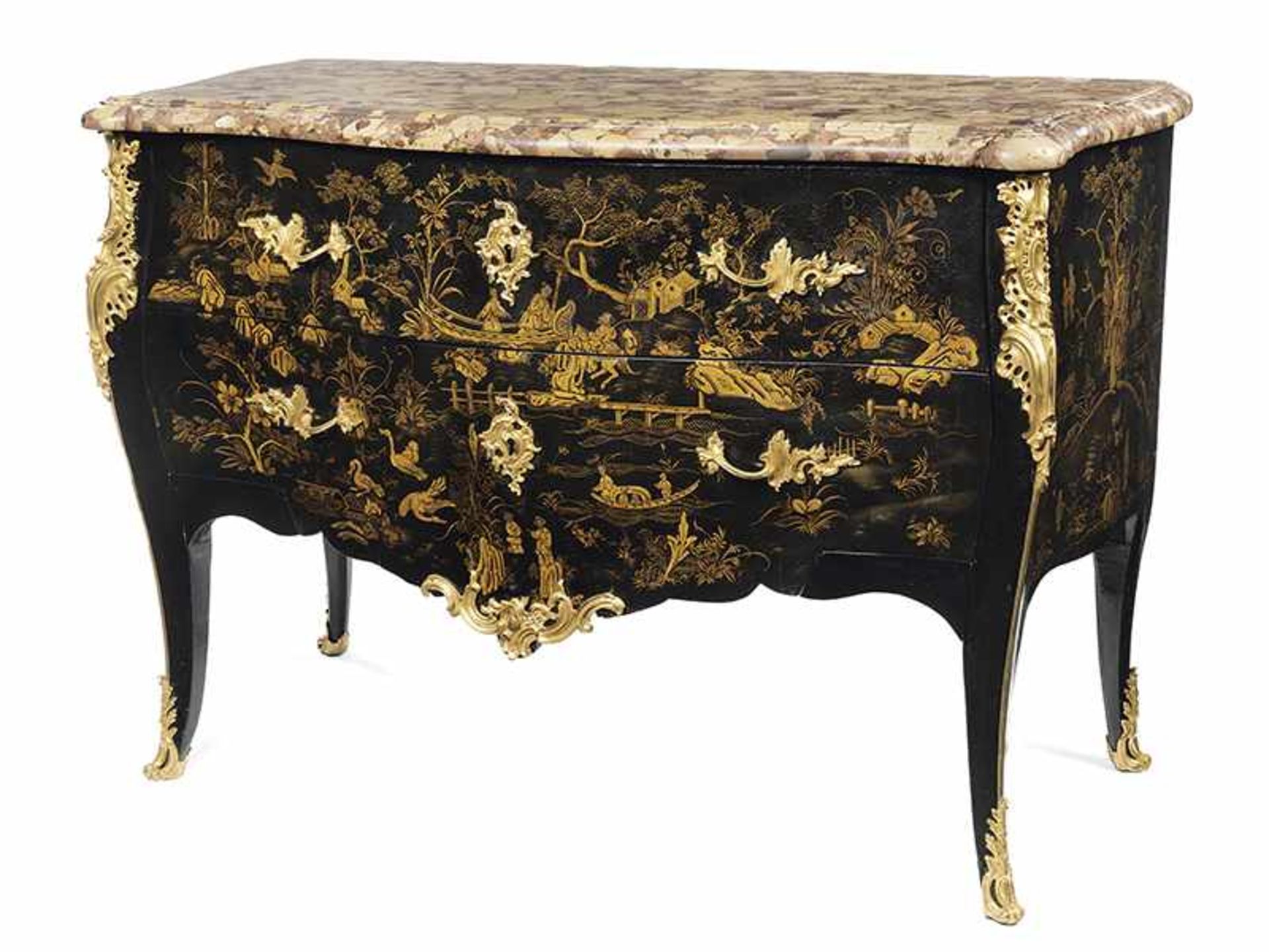 Elegant Louis XV black lacquer commode with gilt painting