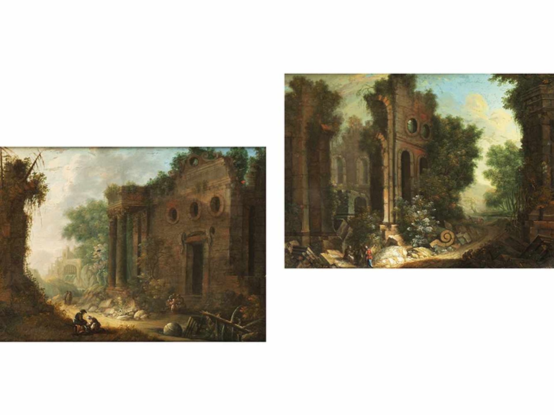 Deutsche Schule des 18. Jahrhunderts Gemäldepaar RUINENCAPRICCI MIT FIGURENSTAFFAGE Öl auf Holz. - Bild 8 aus 8