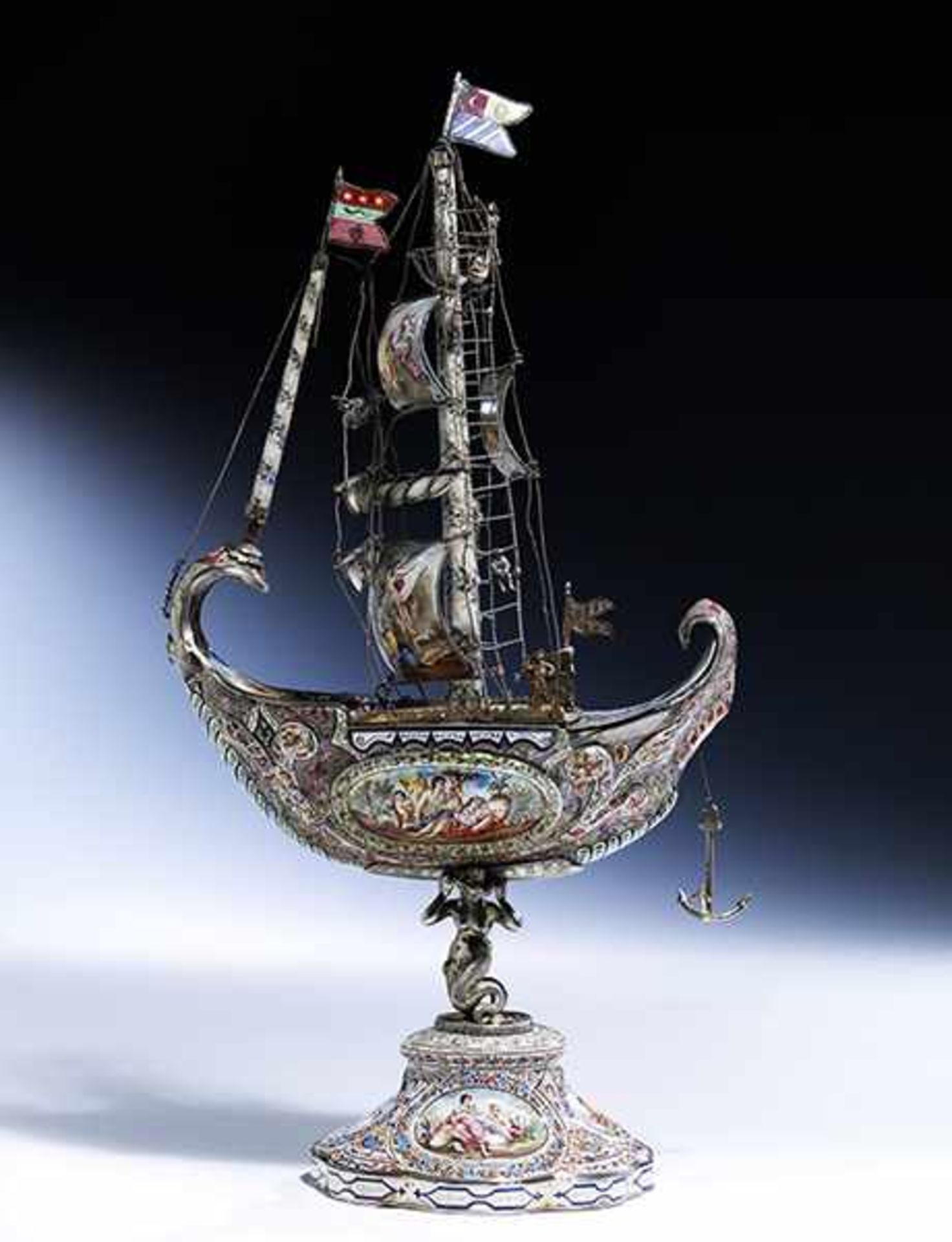 Fine Viennese silver and enamel ship