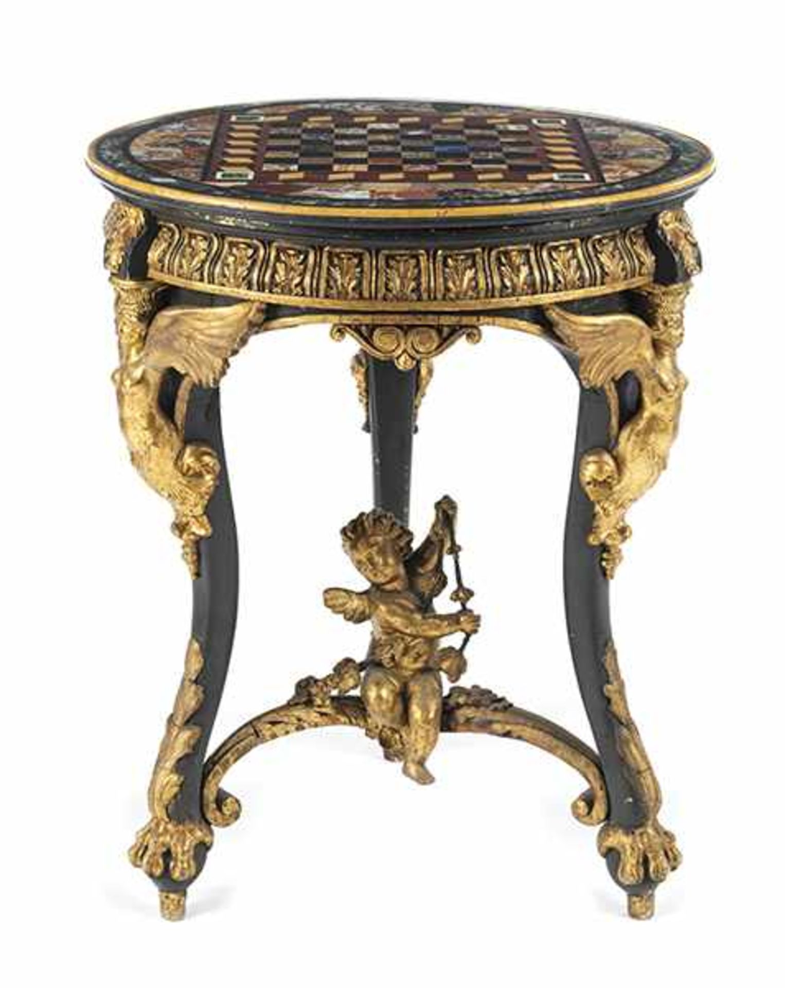 Pietra dura-Spieltisch Höhe: 71,5 cm. Durchmesser: 58 cm. Italien, 19. Jahrhundert. Auf drei