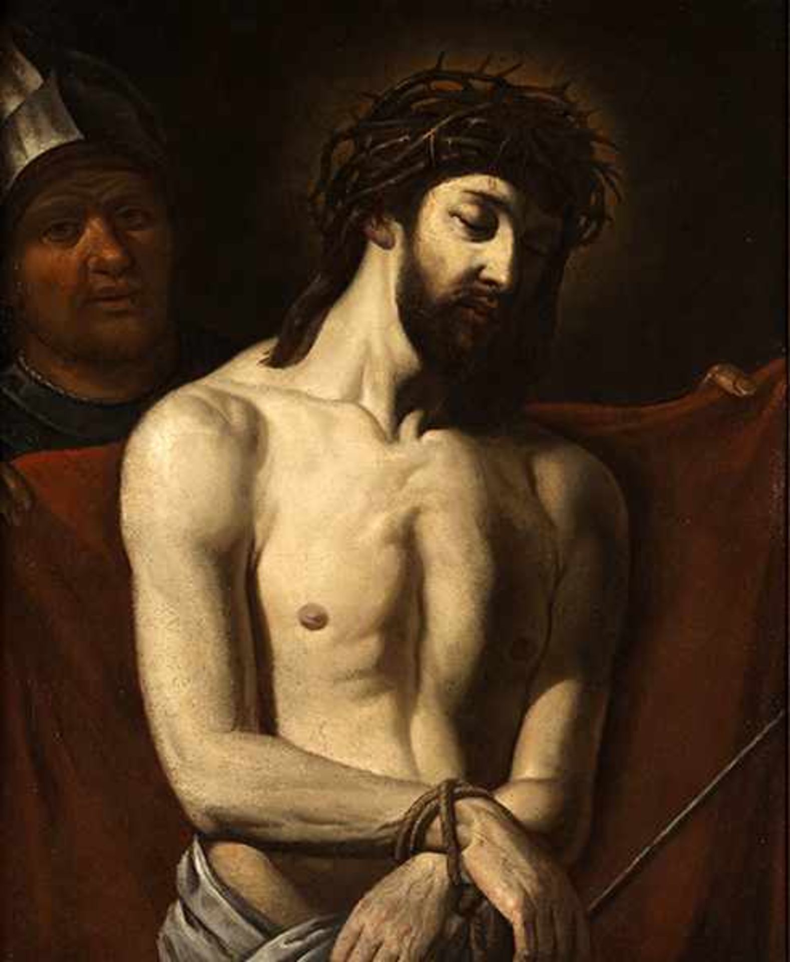 Caravaggist des 17. Jahrhunderts ECCE HOMO Öl auf Leinwand. Doubliert. 90 x 73,5 cm. In profiliertem