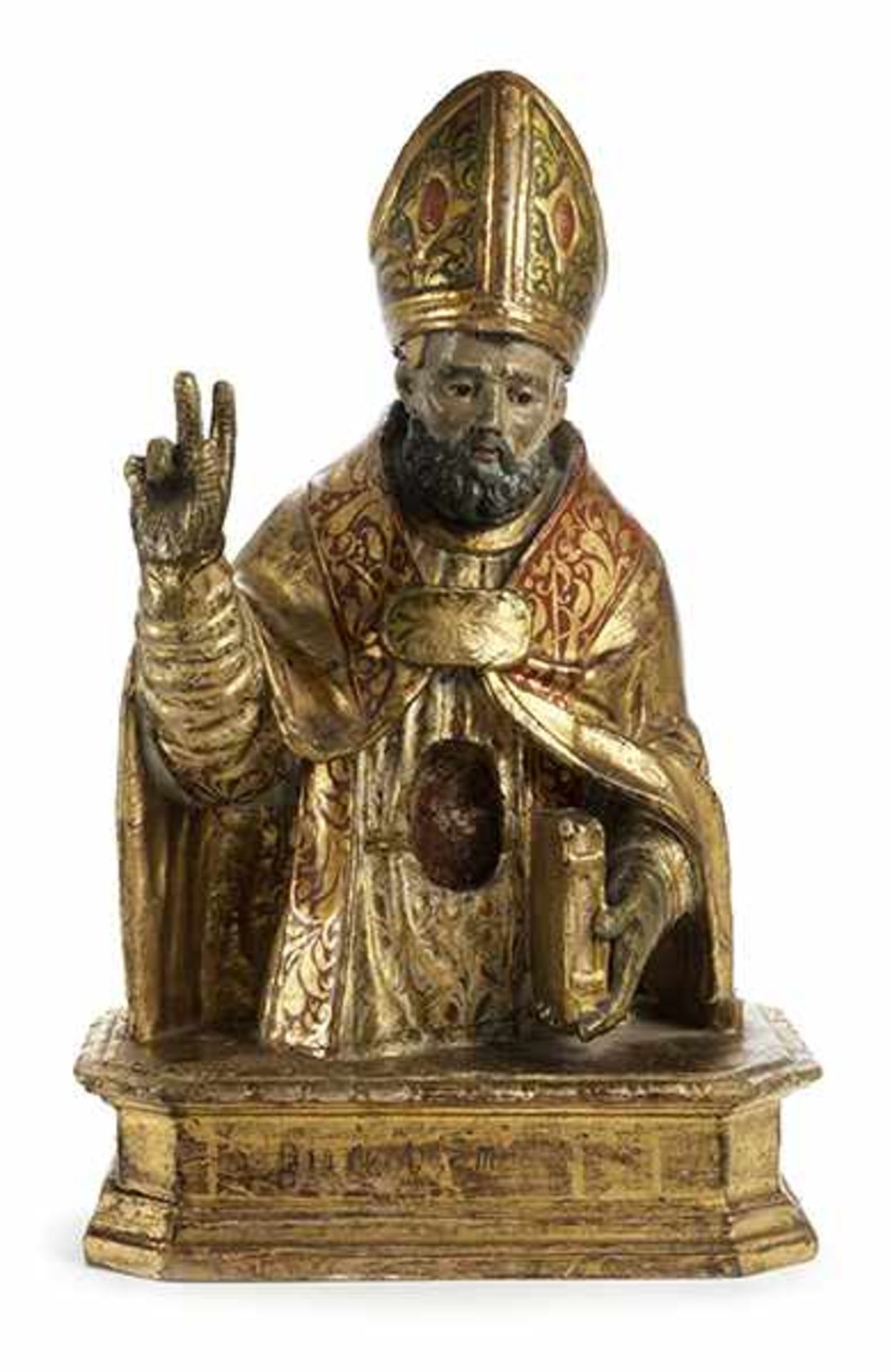 Reliquienbüste eines Heiligen Bischofs Höhe: ca. 50 cm. Sockelmaße: 30,5 x 20 x 8,5 cm. Spanien/