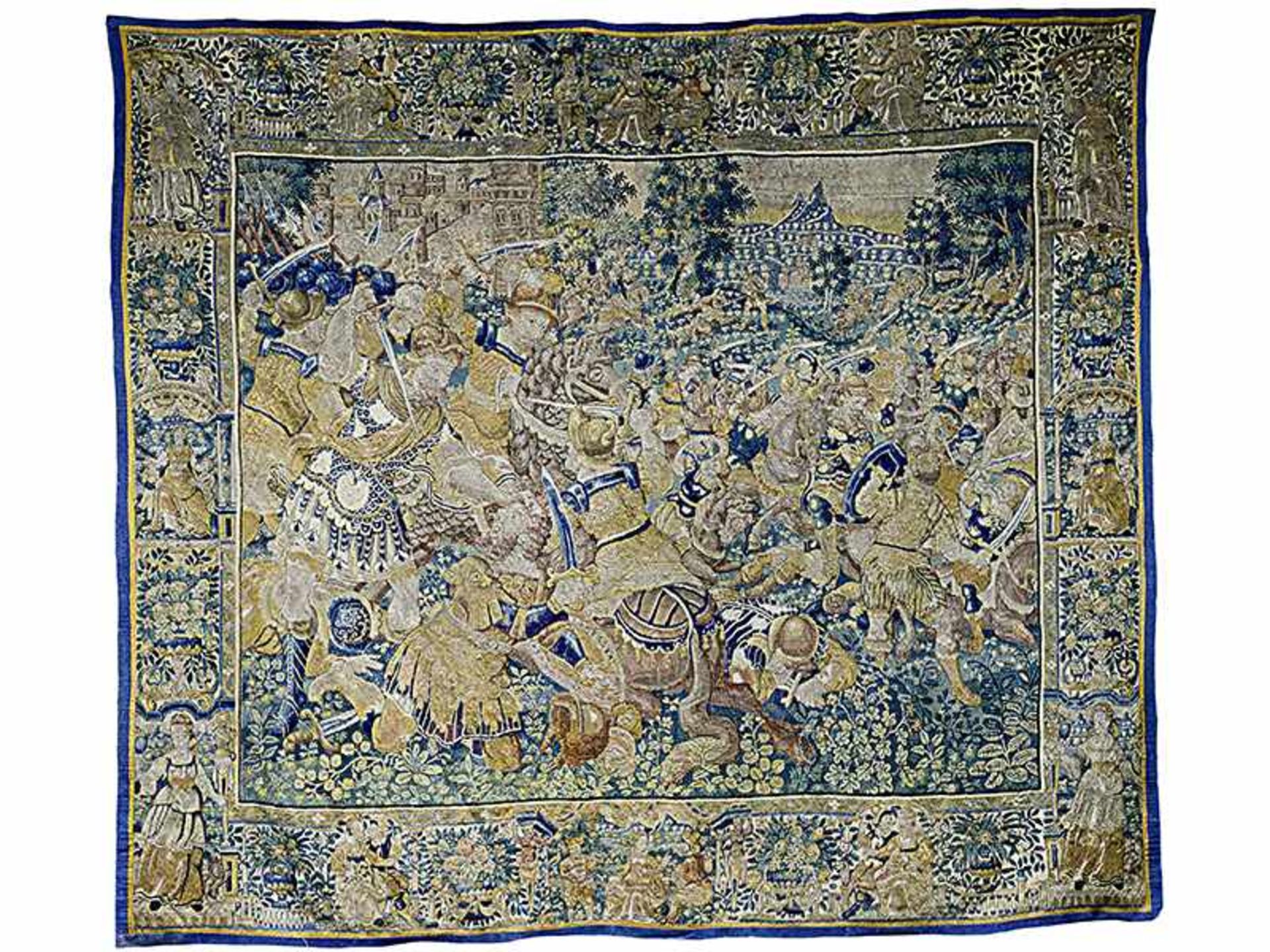 Flämische Tapisserie mit KampfszenenBreite: 310 cm. 16. Jahrhundert. Prachtvolle Darstellung einer