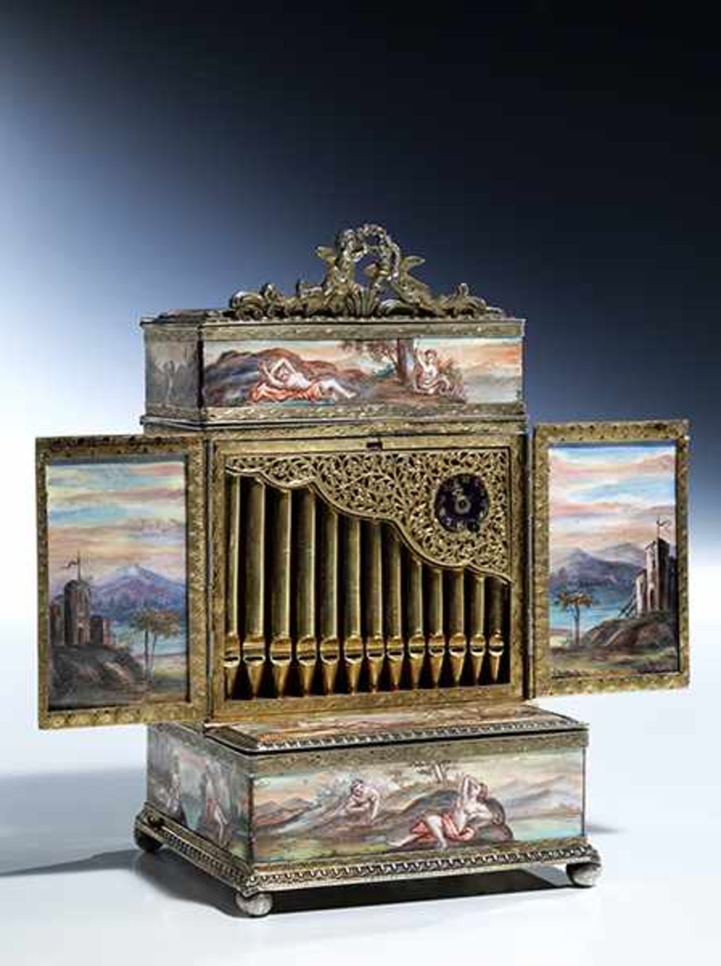 Viennese enamel box in shape of an organ shrine