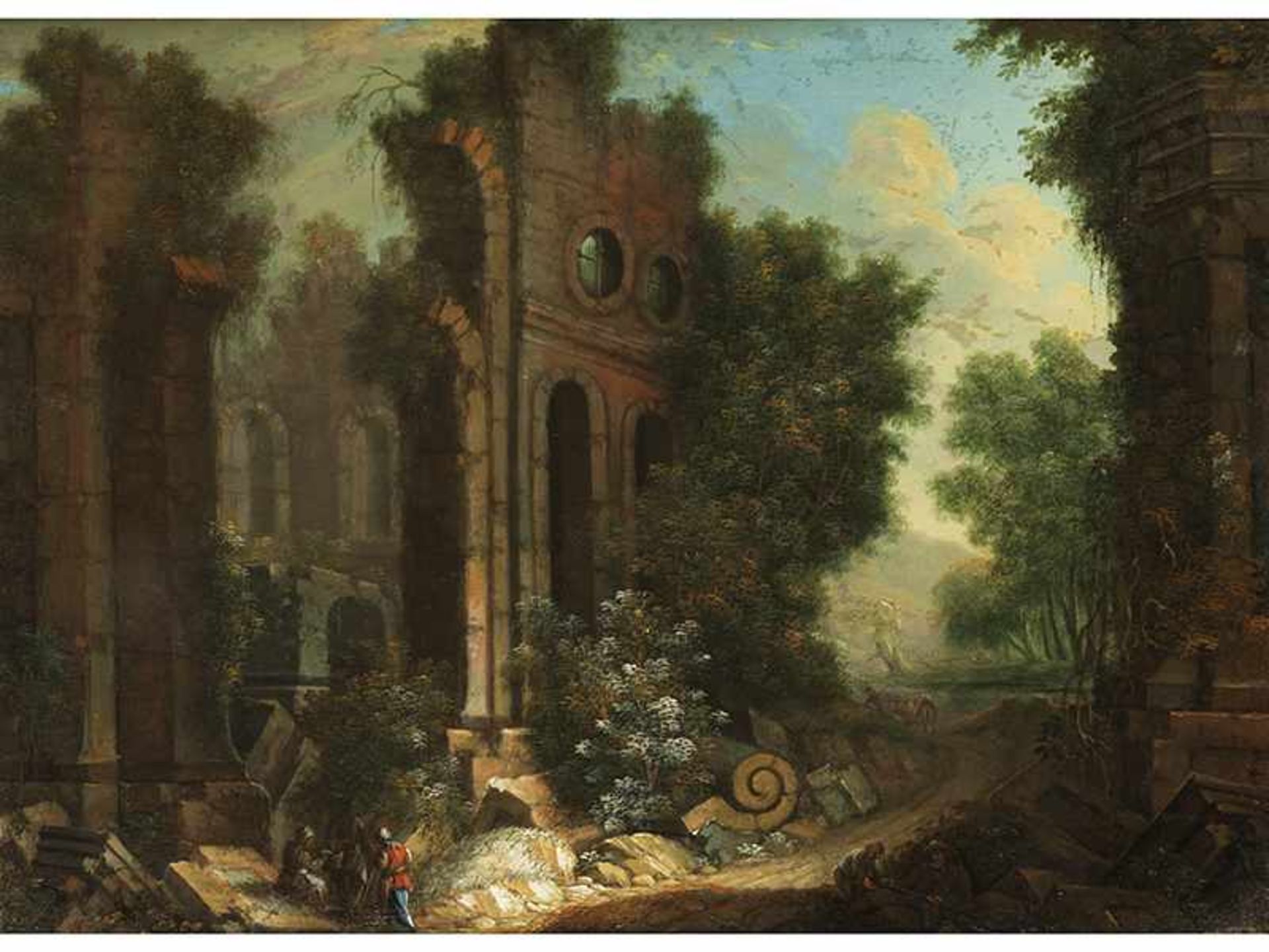 Deutsche Schule des 18. Jahrhunderts Gemäldepaar RUINENCAPRICCI MIT FIGURENSTAFFAGE Öl auf Holz. - Bild 3 aus 8