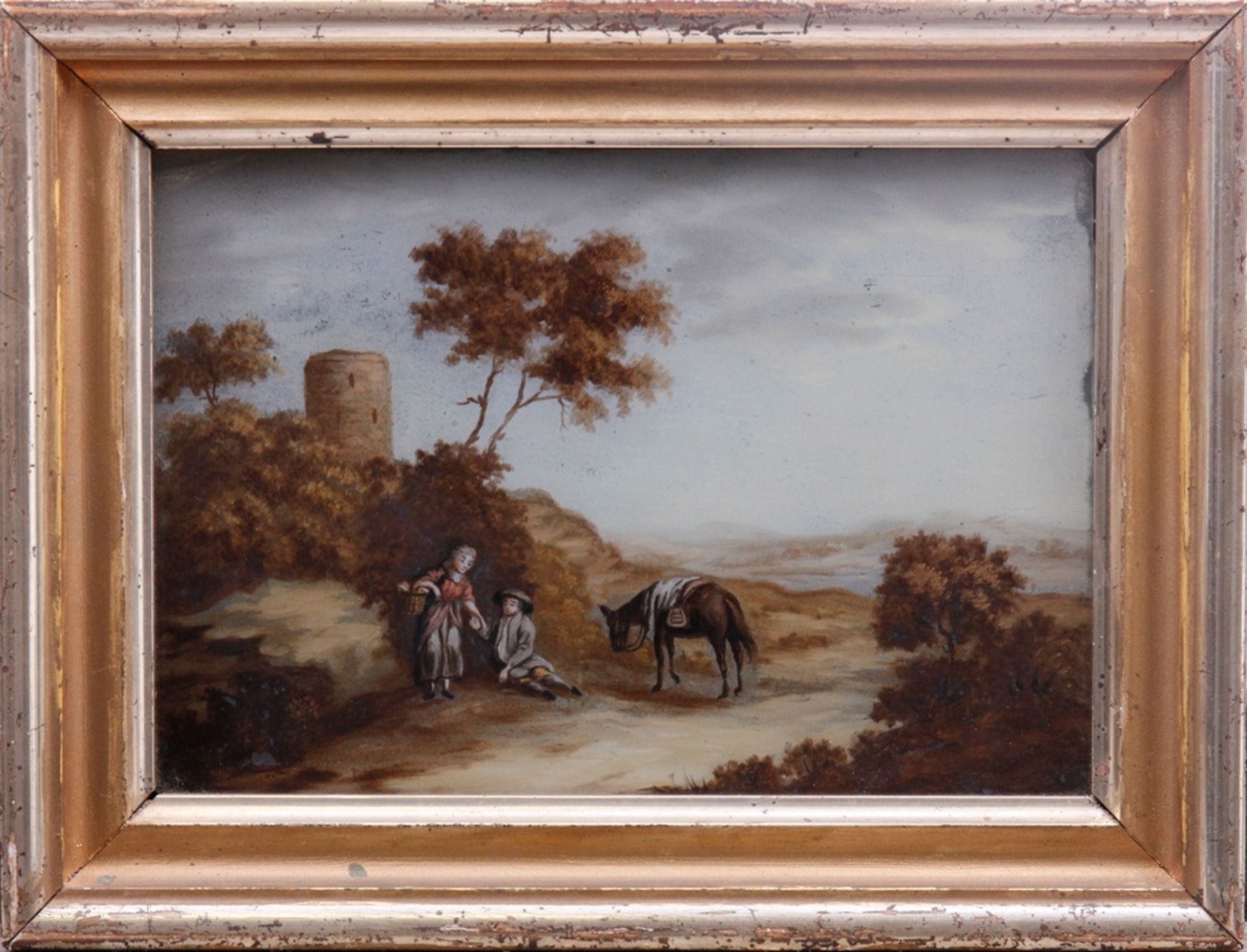 Hinterglasmalerei, pittoreske Landschaft mit Figurenstaffage, 19. Jhdt., ca. 15x21cm, gerahmt (ca.
