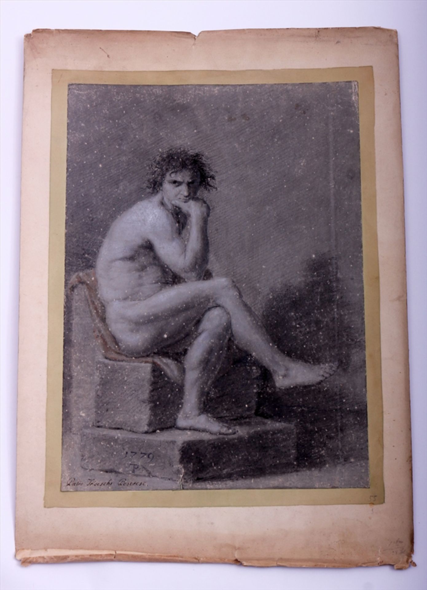 Pietro Tedeschi Peserese, sitzender männlicher Akt in Denkerpose, dat. "1779", Kreidezeichnung auf