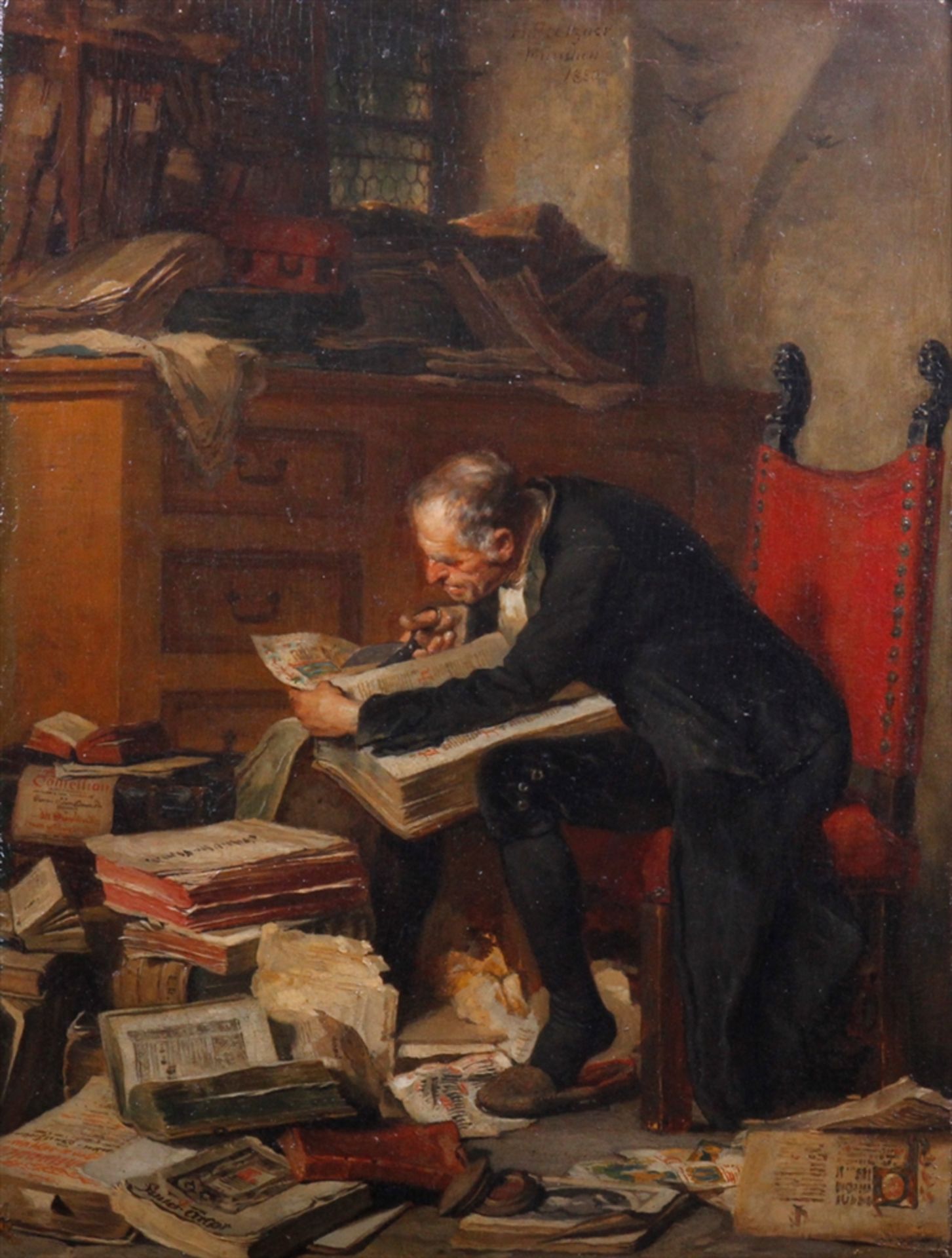 Heinrich Stelzner (1833 in Bayreuth - 1910 in München), Gelehrter bei der Arbeit mit Büchern in
