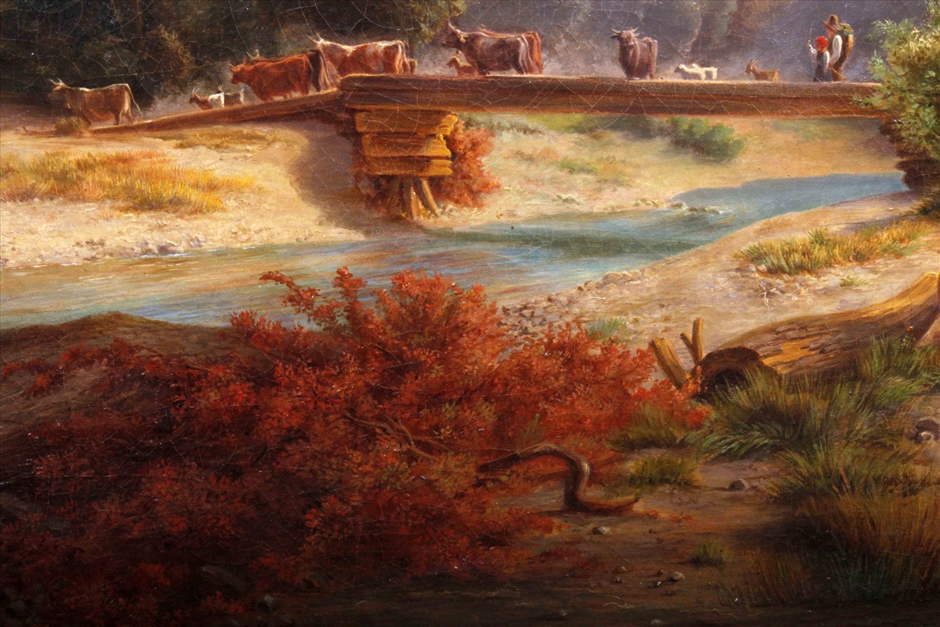 Viehtrieb über eine Brücke, 1834 (?), unbekannter Künstler, Öl auf Leinwand, unl. sign. "... - Image 5 of 5