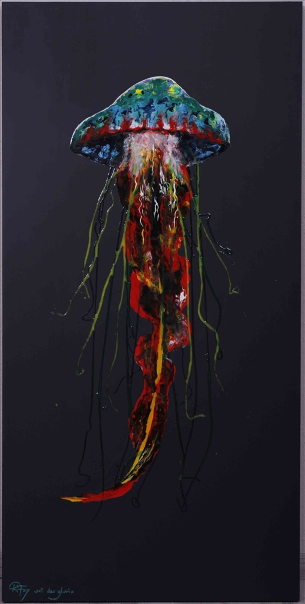 Roswitha Fey, "Die Qualle" auf schwarzem Untergrund, Flüssigglas und Acryl auf Holz, u.l. sign. "