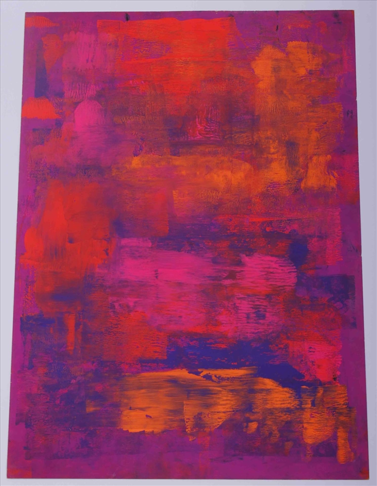 Tryptichon, 3 gegenstandslose Malereien in Neonfarben, unbekannter Künstler, Acryl auf Pappe, 60er - Image 3 of 4
