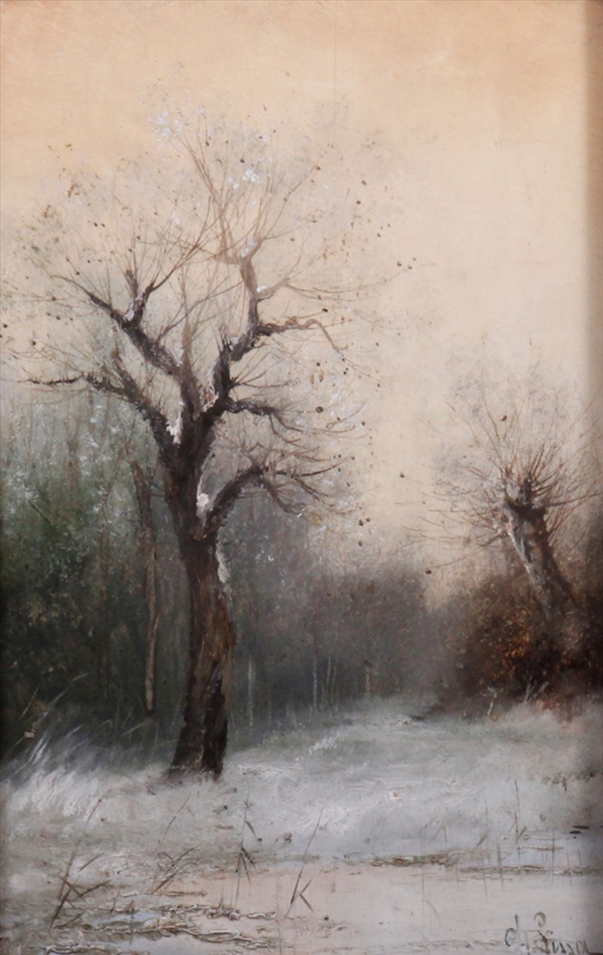 Paar Gemälde, Winter- und Frühlingslandschaft, unbekannter Künstler, 2.H.19.Jhdt., Öl auf Holz, u.r.