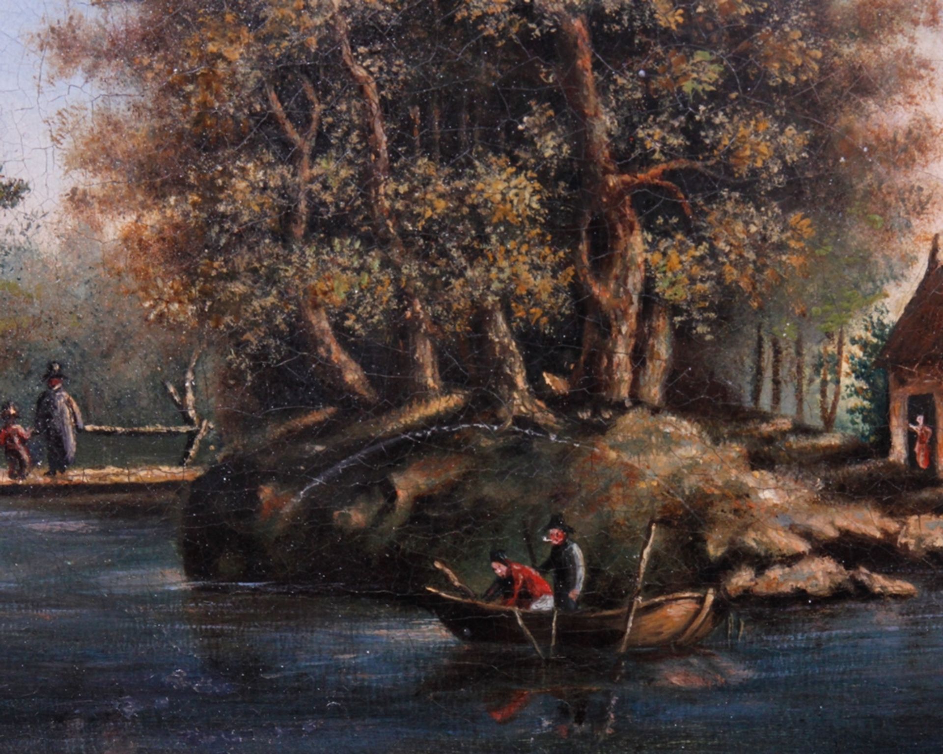Flußlauf bei einem Dorf mit kleinem Fischerboot, unbekannter Künstler, Öl auf Leinwand, 19. Jhdt., - Image 2 of 3