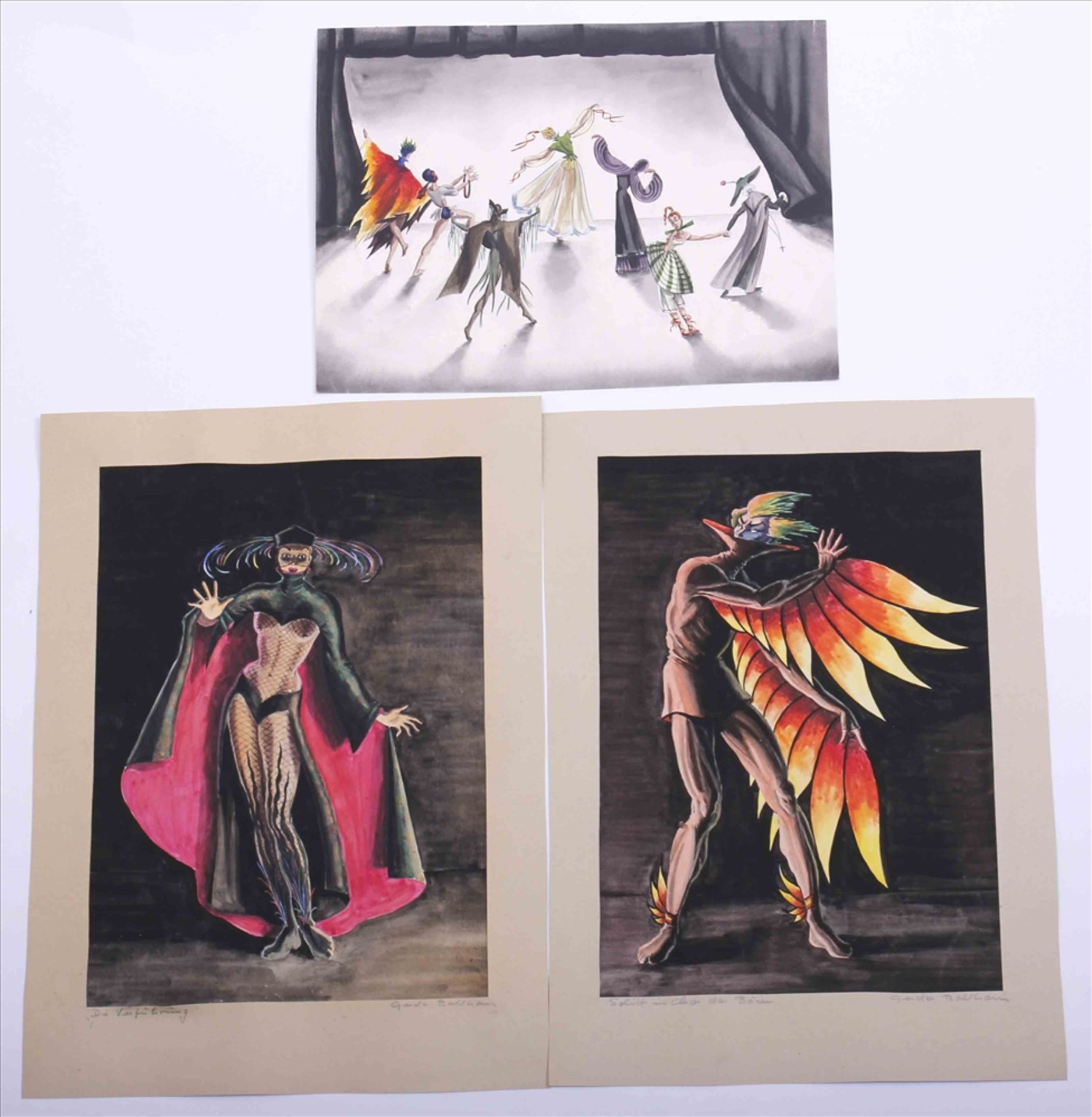 Theaterkostüm-Entwurfszeichnungen von Gerda Bollhorn, 40er/50er Jahre, 8 Stück + 1 Szenenbild, - Image 3 of 5