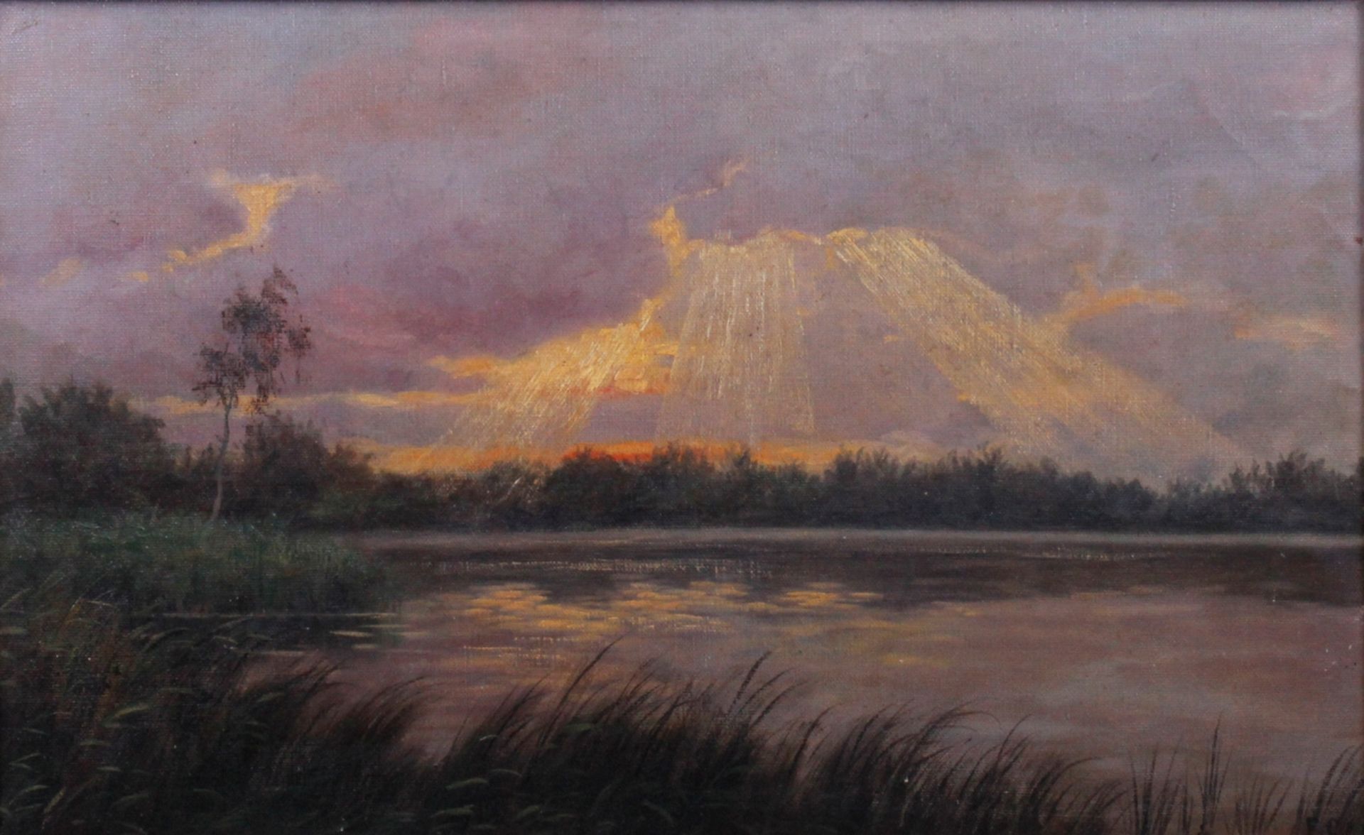 Sonnendurchbruch über einem See, unbekannter Monogrammist, 1. Viertel 20. Jhdt., Öl auf Leinwand,