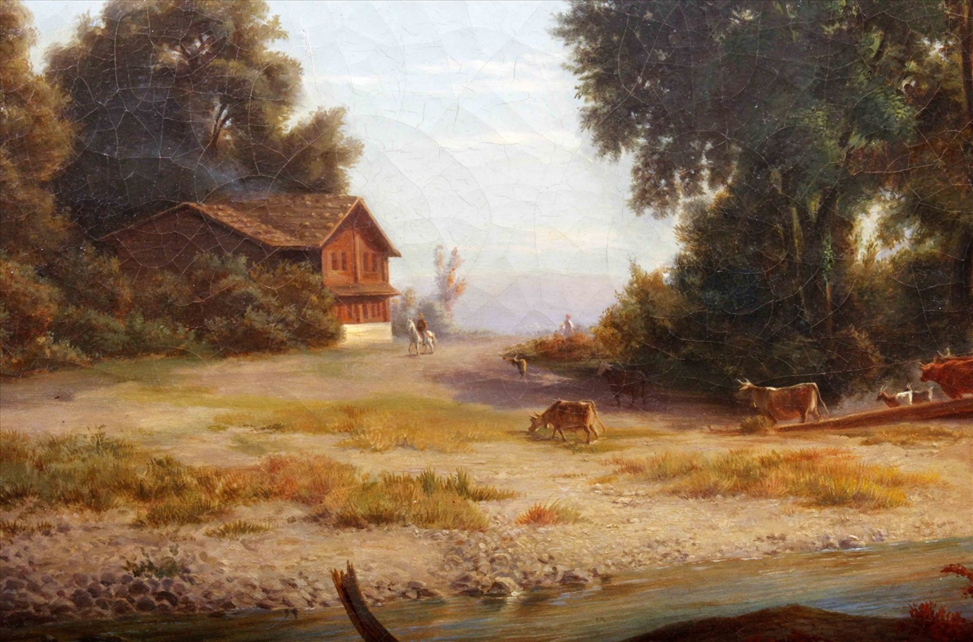Viehtrieb über eine Brücke, 1834 (?), unbekannter Künstler, Öl auf Leinwand, unl. sign. "... - Image 3 of 5