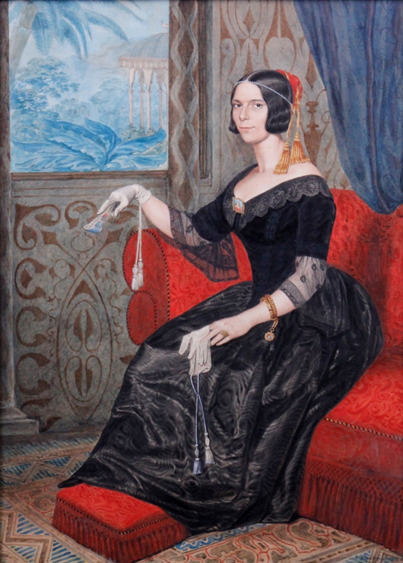 Moritz Krantz (1812 in Dresden - 1869 ebda.), Bildnis einer Dame im schwarzen Kleid, 1840, Gouache