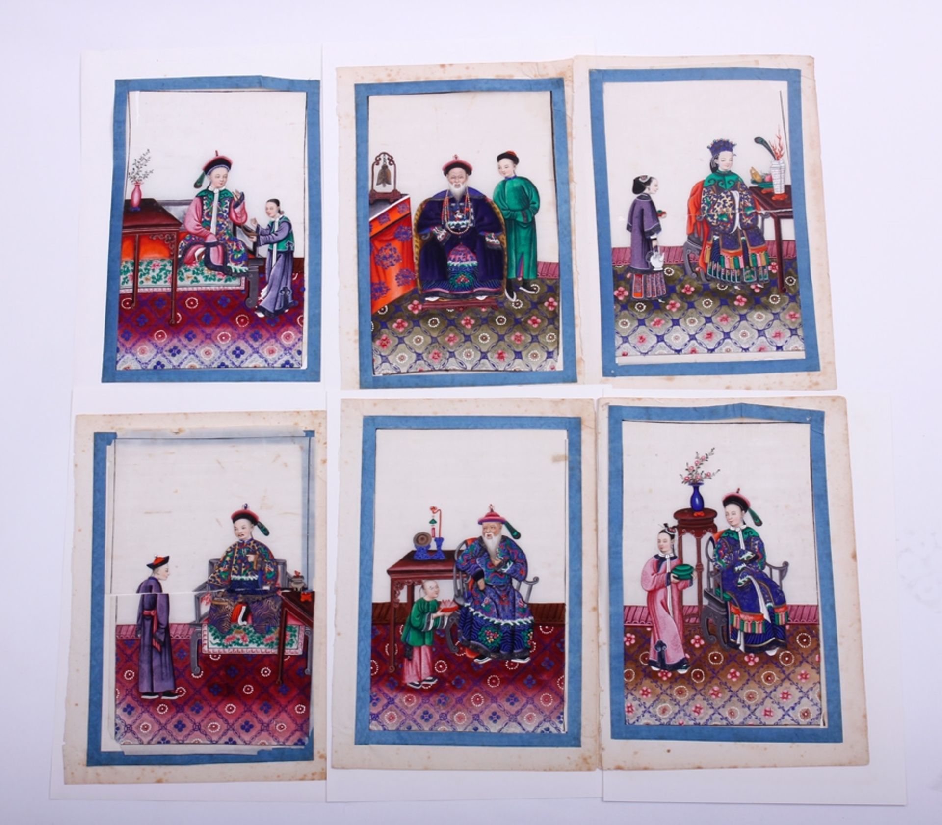 6 höfische Malereien, Gouache auf Reispapier, China, 2.Hälfte 19.Jh., Darstellungen des Kaiserpaares