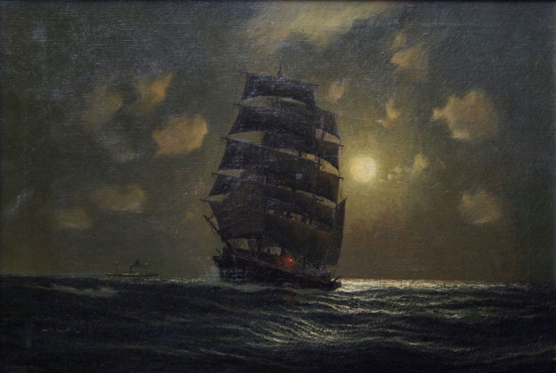 Robert Schmidt-Hamburg (1885 in Berlin - 1963 in Laboe), Dreimaster bei Mondschein, Öl auf