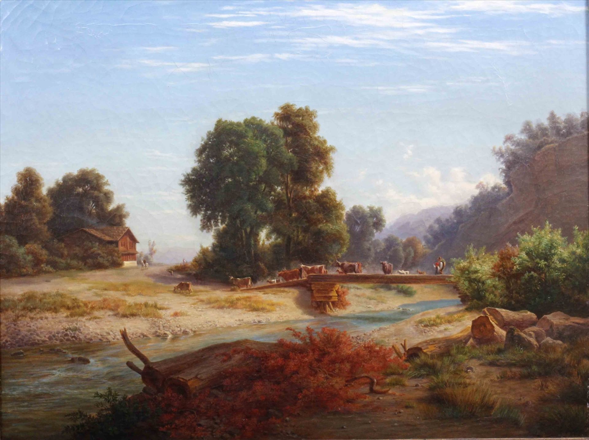 Viehtrieb über eine Brücke, 1834 (?), unbekannter Künstler, Öl auf Leinwand, unl. sign. "...