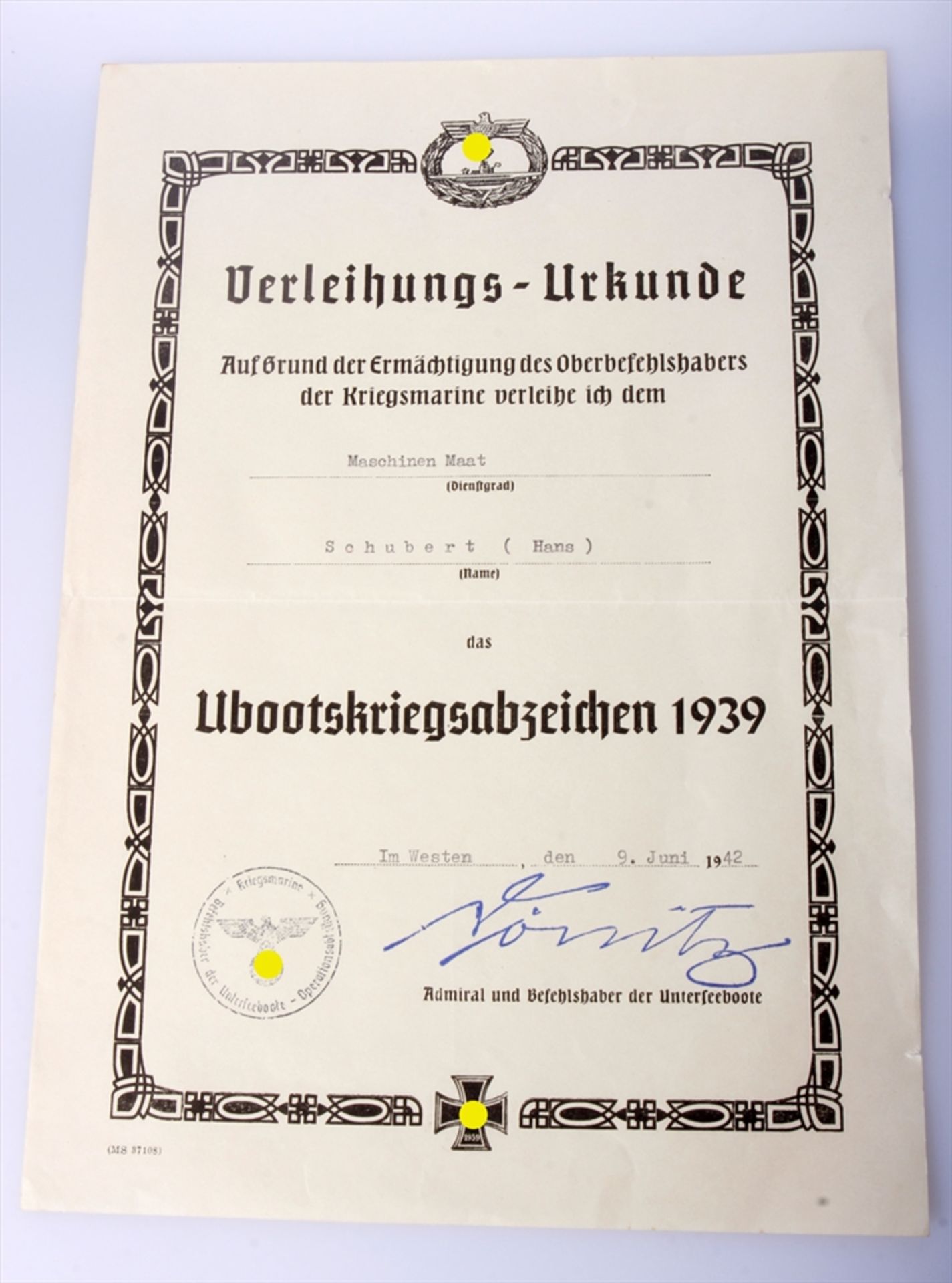 Papiernachlass Hans Schubert, U-Bootfahrer, Urkunde Eisernes Kreuz 2. Klasse, Urkunde U- - Bild 10 aus 25