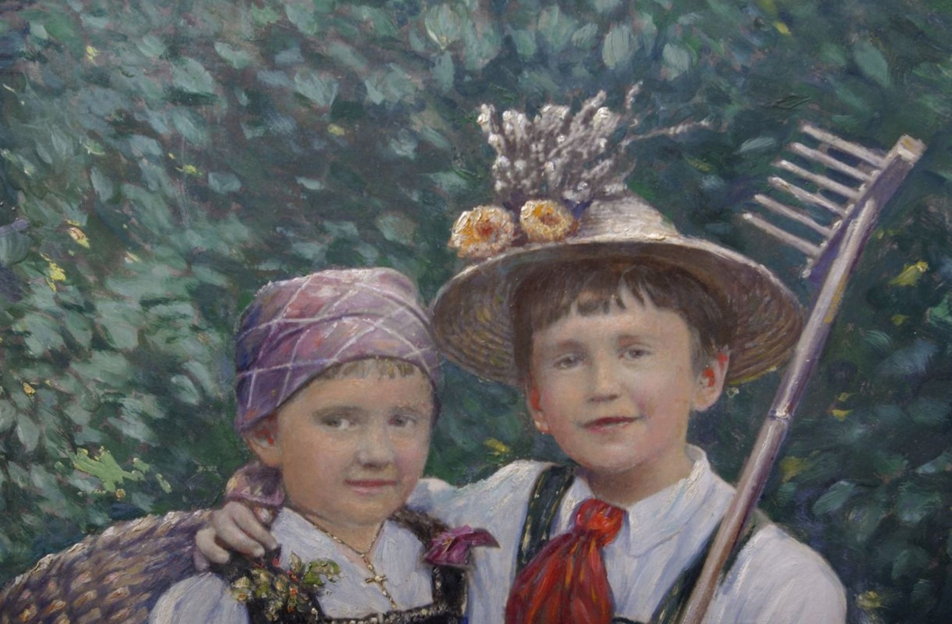 In Trachten gekleidete Kinder mit Erntewerkzeuganonym, Öl auf Pappe, 1. Hälfte 20. Jhdt., - Image 2 of 2