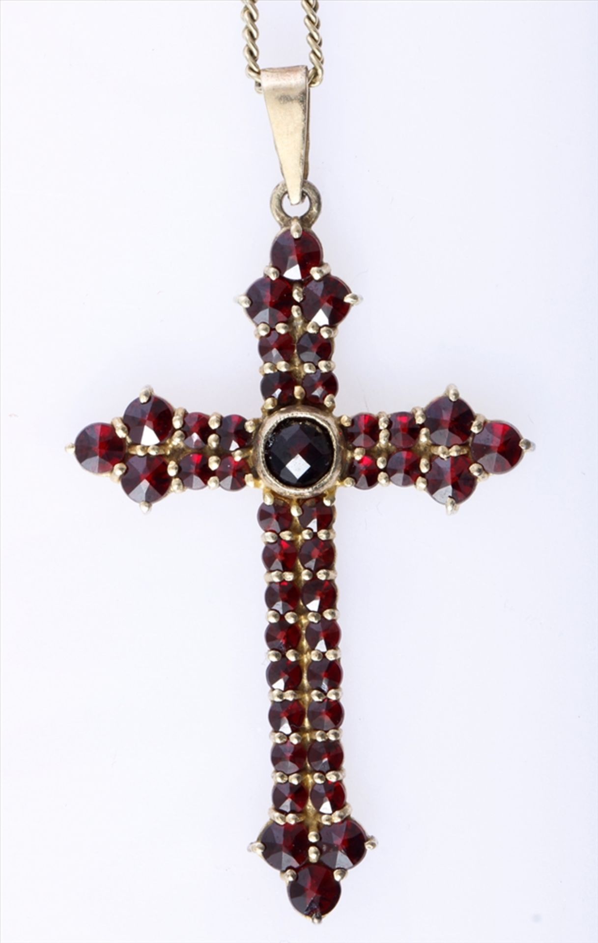 Collier mit Kreuz und Granatbesatz , Kreuz 925 Silber vergoldet, Kette Double. Länge ca. 50cm, Kreuz - Bild 3 aus 4