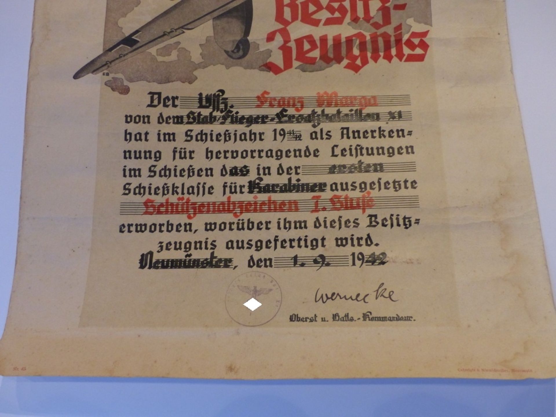 Große Urkunde für das Schützenabzeichen 1. Stufe, Unteroffizier Franz Marga, Stabflieger - Bild 2 aus 4